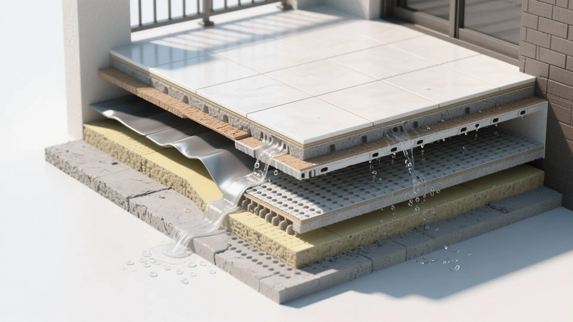 Interior design drawing showing layers of balcony flooring with water drainage system and white floor tiles