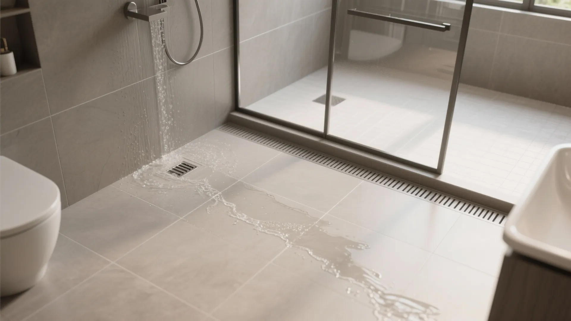Water flowing from a wall tap across bathroom floor tiles toward a metal floor drain