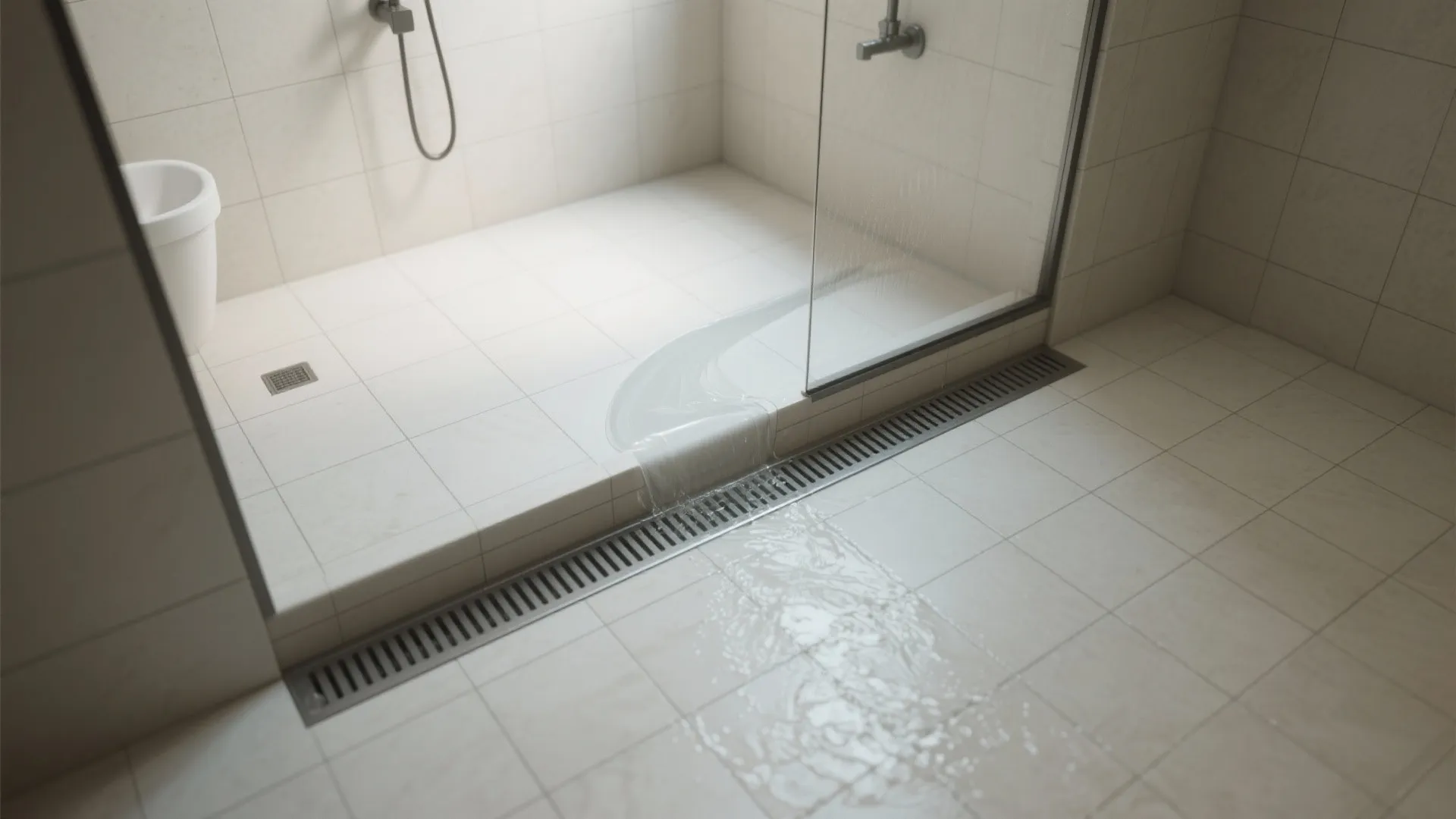 Water flowing across white tiled shower floor into long metal drain showing proper drainage slope