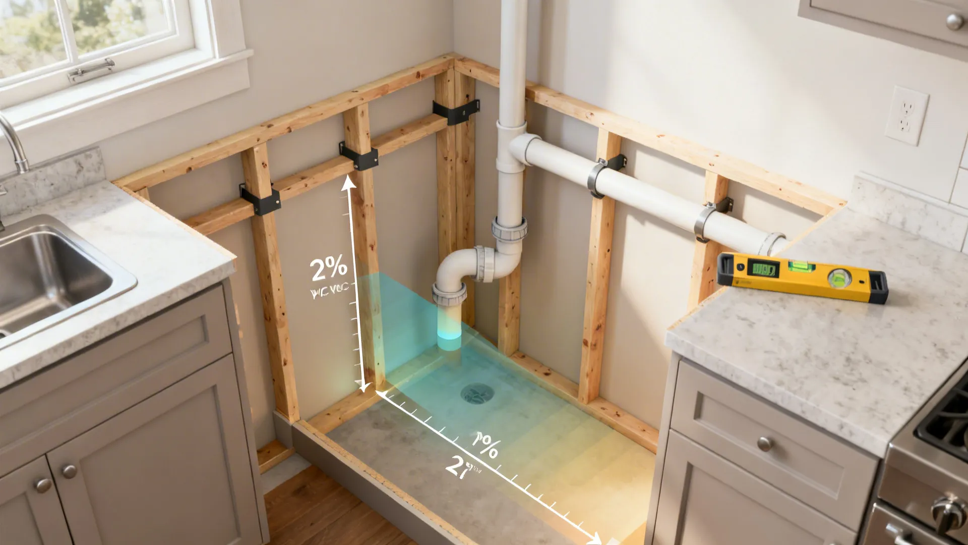 Top-down view of a sloped kitchen drain line from P-trap to stack with 2% grade.