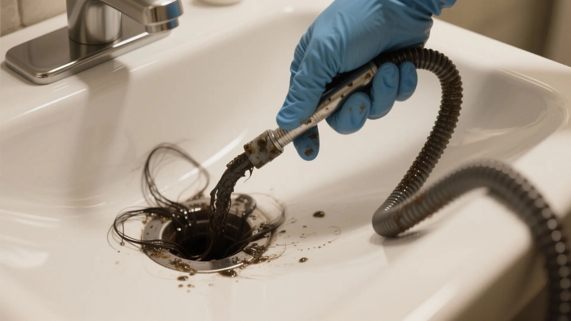 Gloved hand removing a hair clog from a white bathroom sink drain using cleaning tool
