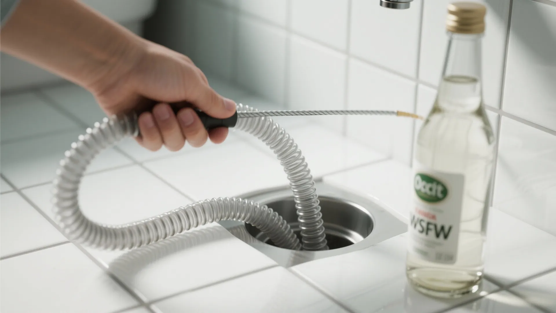 A person cleaning a floor drain using a flexible plastic pipe tool and white vinegar