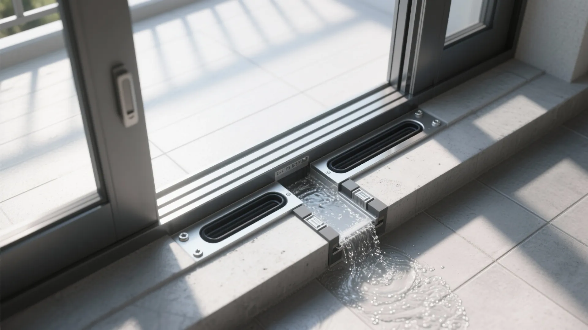 Close up of sliding glass door frame with integrated floor drainage system and water flowing through