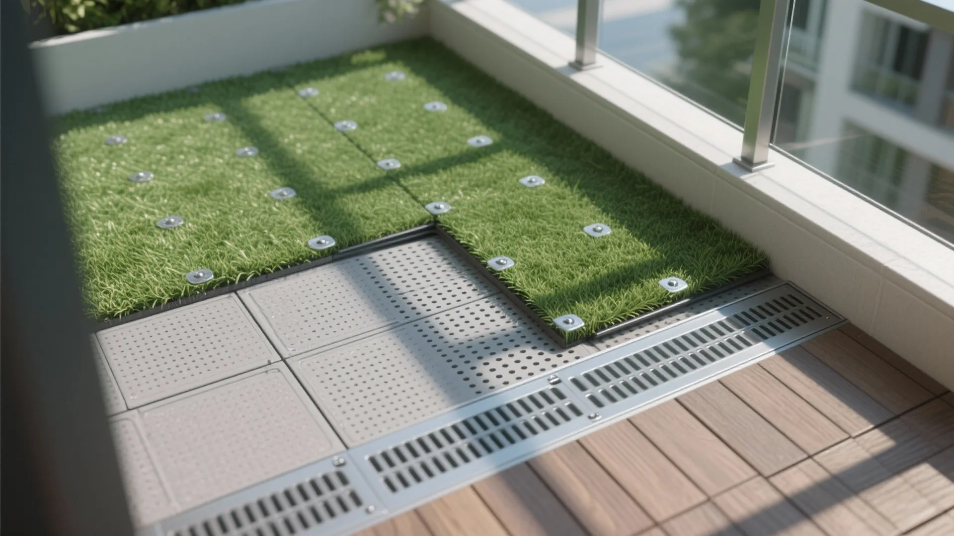 Drainage-first layering (tiles + turf)