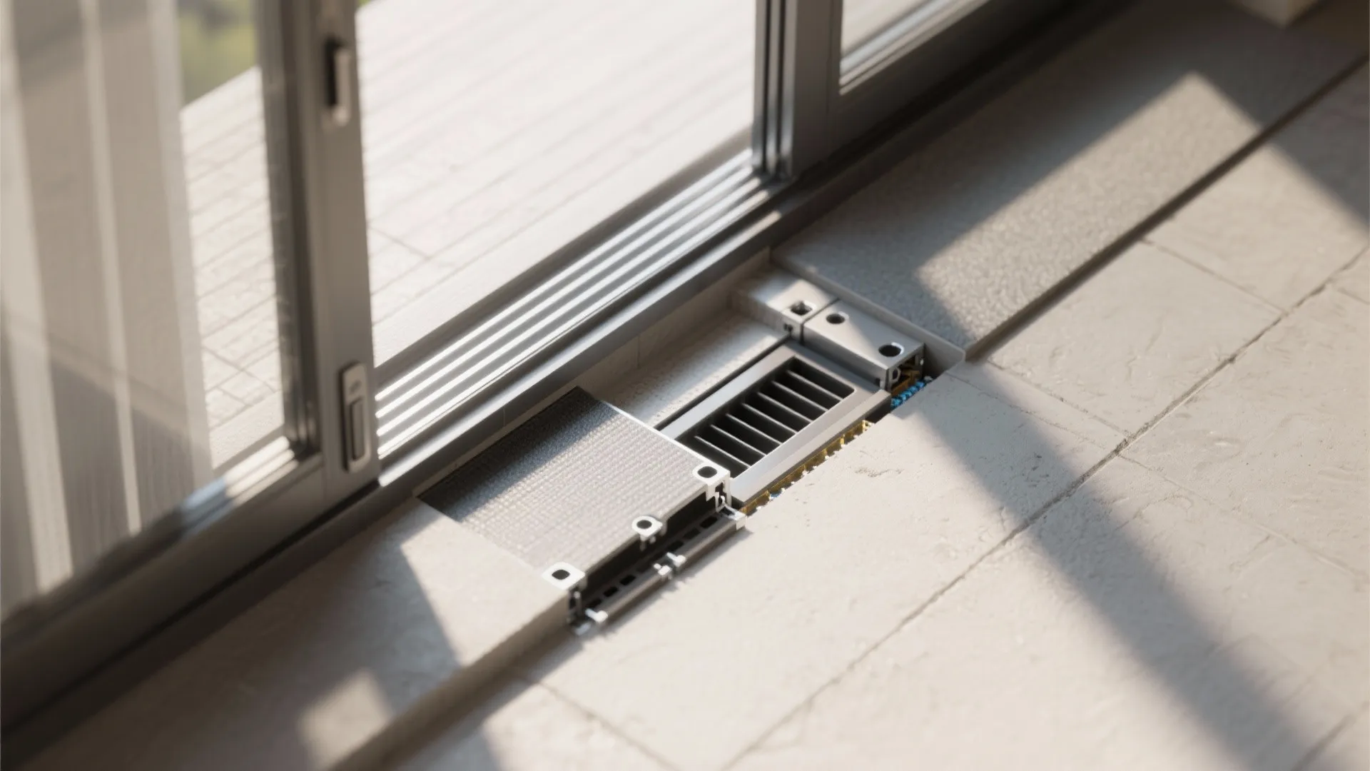 Modern floor drain system installed next to a sliding glass door with light grey tiles