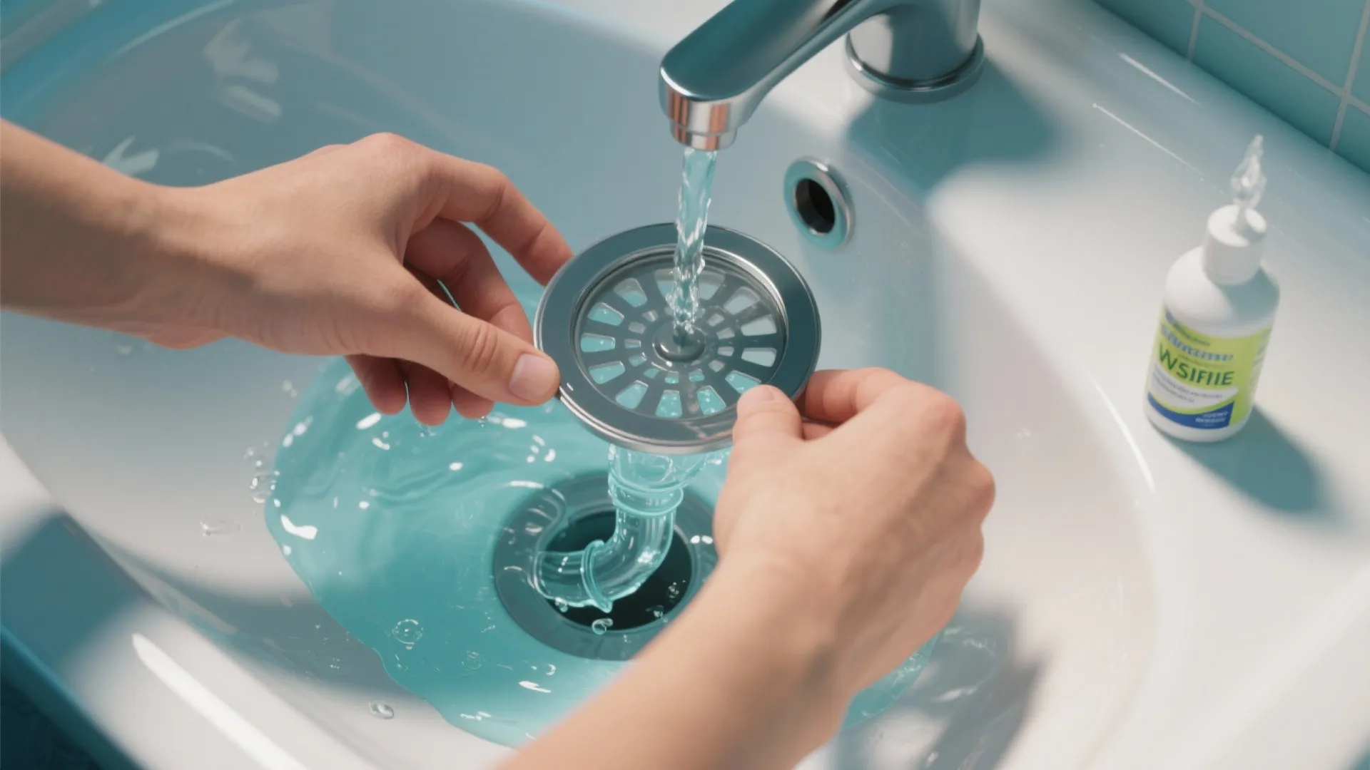 Hands placing a metal drain filter into a white bathroom sink with running water faucet