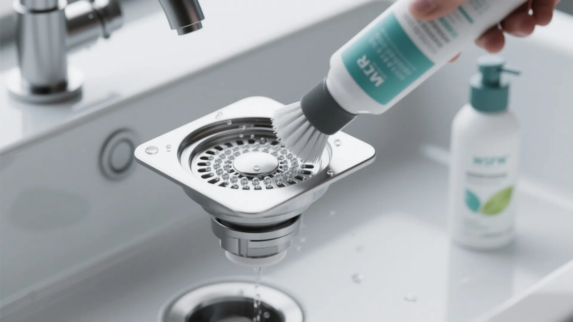Person using a white cleaning brush to scrub a metal sink drain inside a bathroom