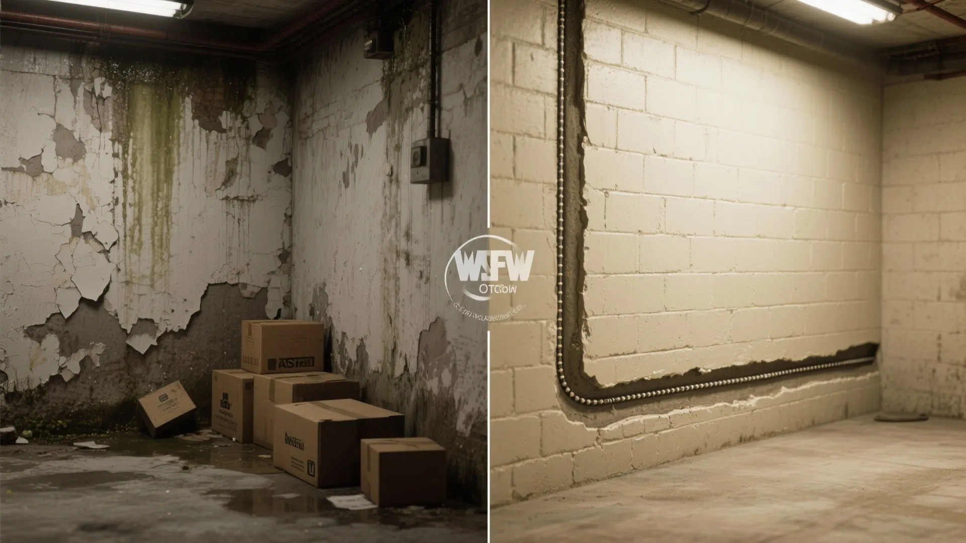 Before-and-after comparison showing damp flaking paint versus repaired wall with drain channel and waterproof coating.