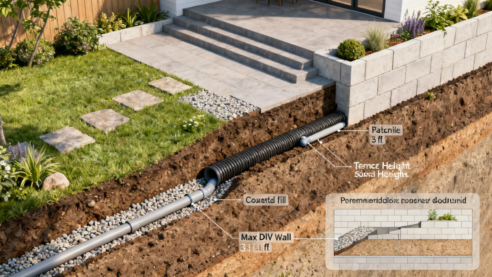 Top-down cross-section diagram-style rendering showing drainage, terraces and recommended wall heights