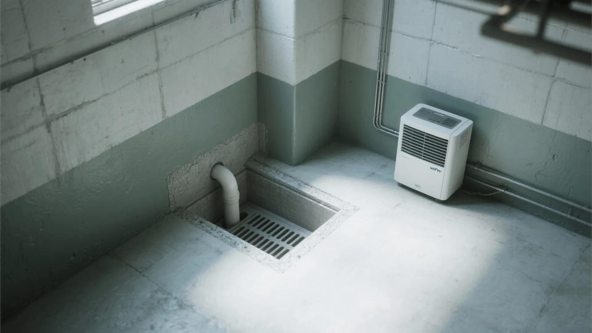 Basement floor drain pit with white pipe and small white appliance on clean grey concrete floor