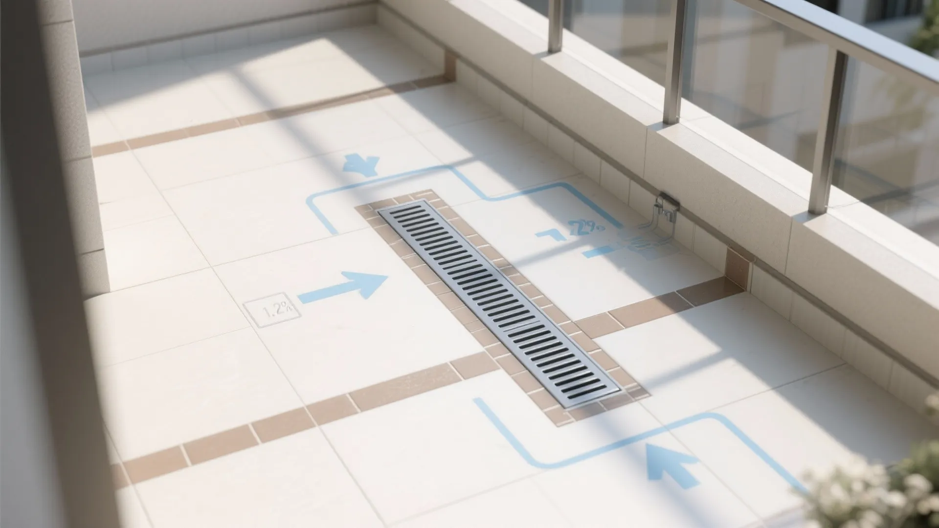 Modern balcony floor design showing a floor drain with blue arrows indicating water drainage flow