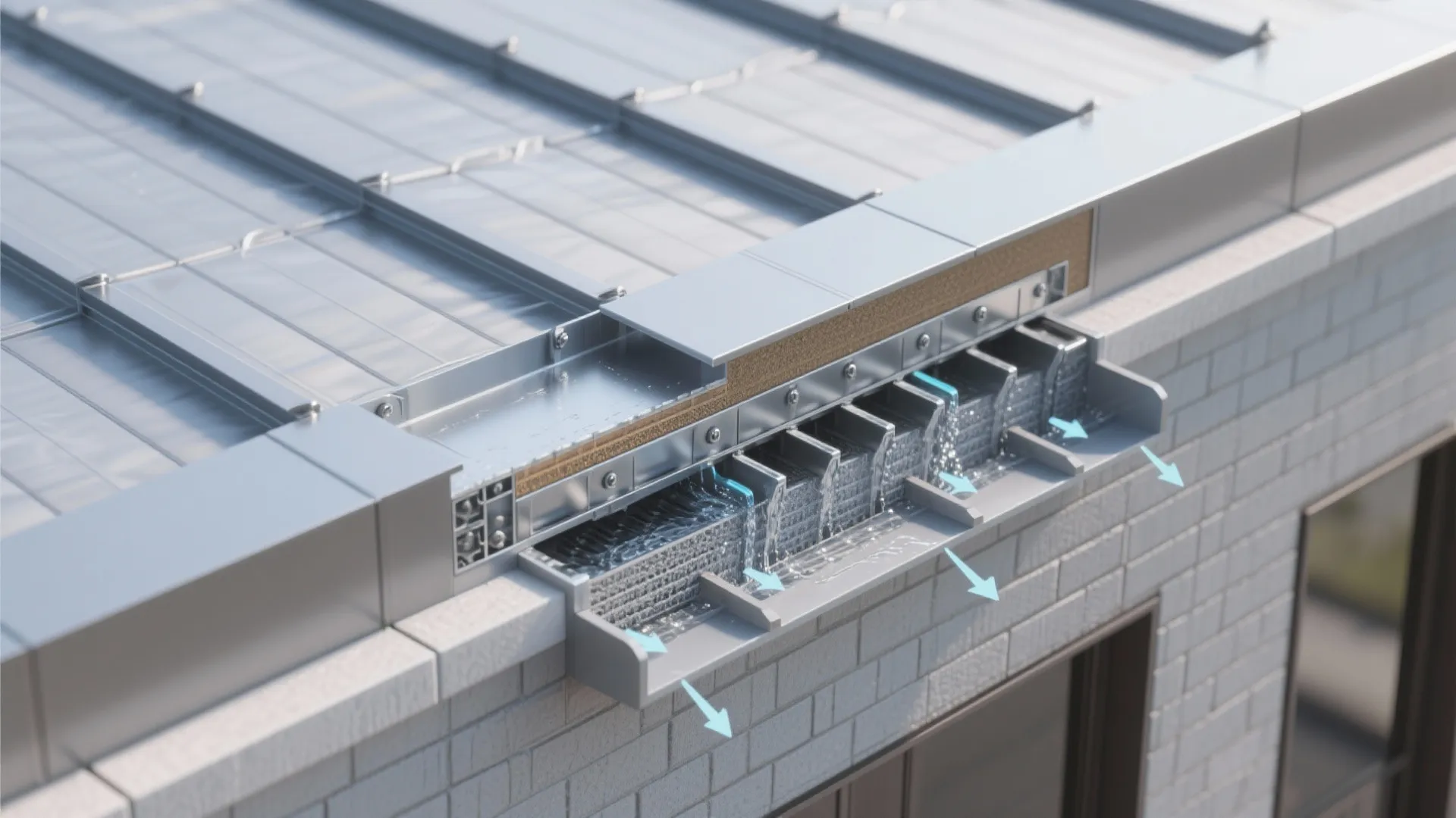 Minimalist metal-capped parapet with hidden drainage