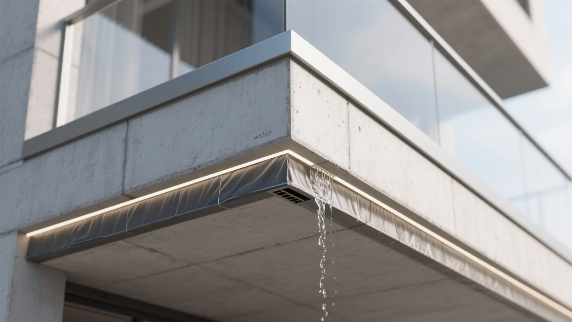 Close up of balcony drainage system showing water flowing from concrete floor with glass railing
