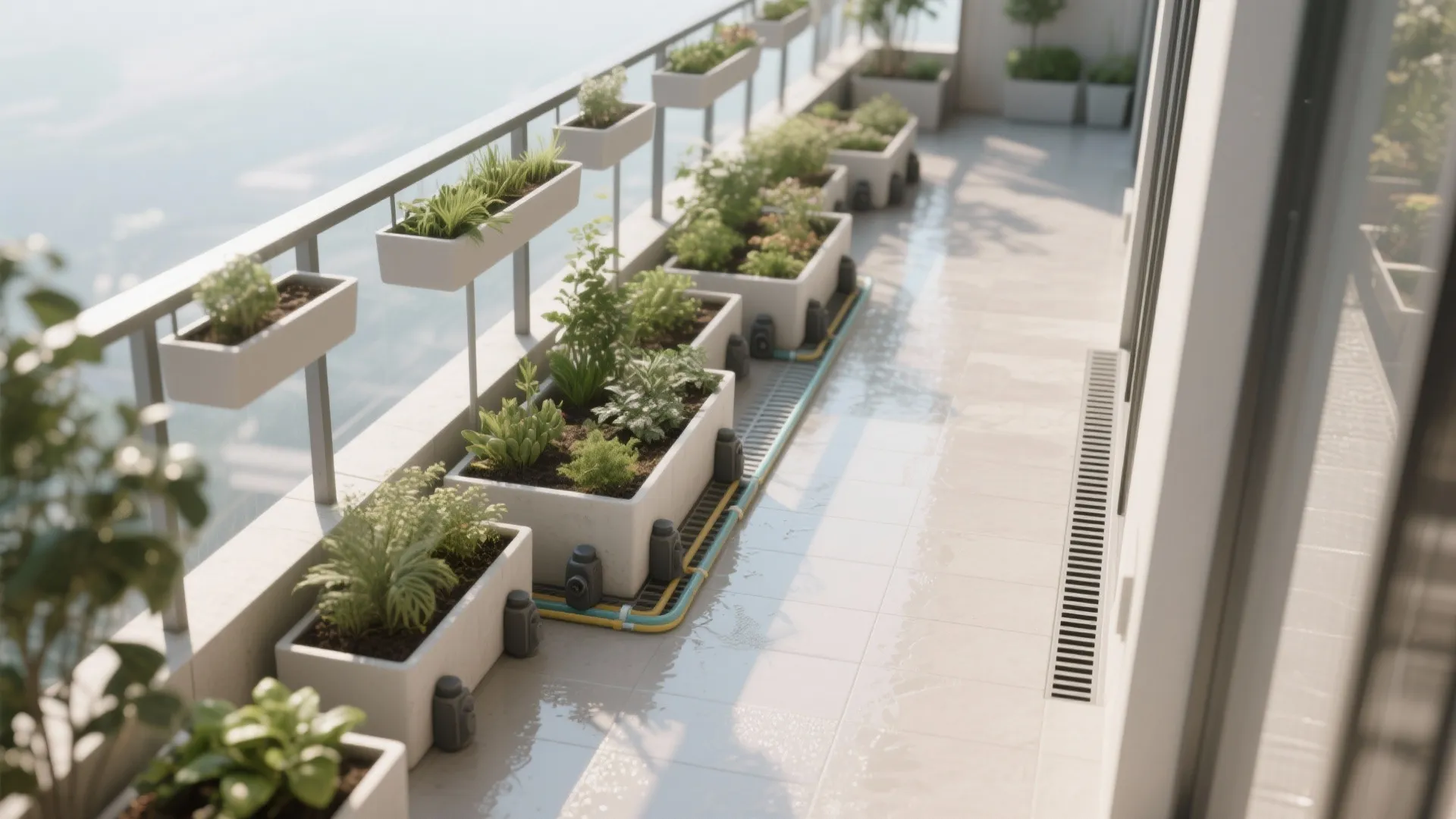 Modern balcony drainage system with white planter boxes and green plants on a tiled floor