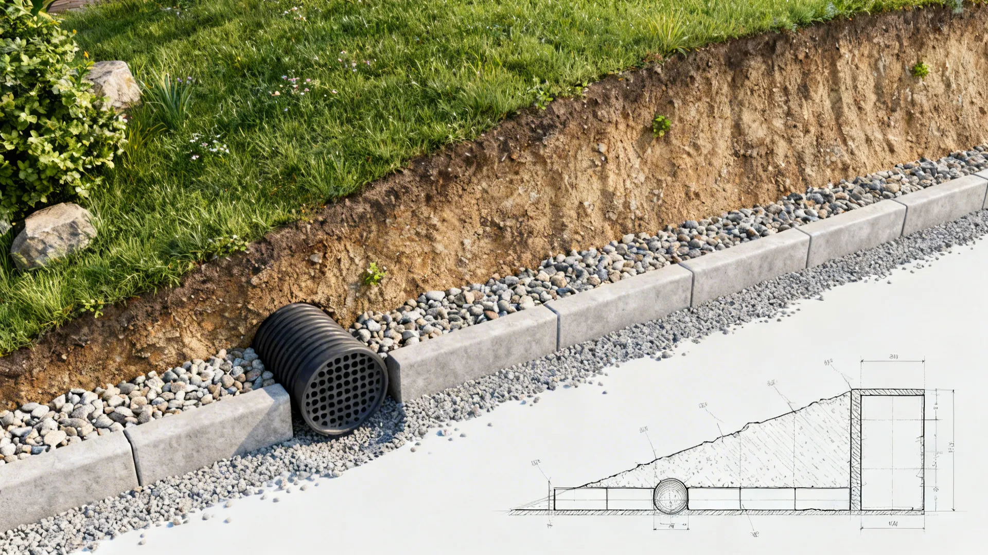 Top-down view illustrating gravel backfill and a perforated drainage pipe behind a small retaining wall.