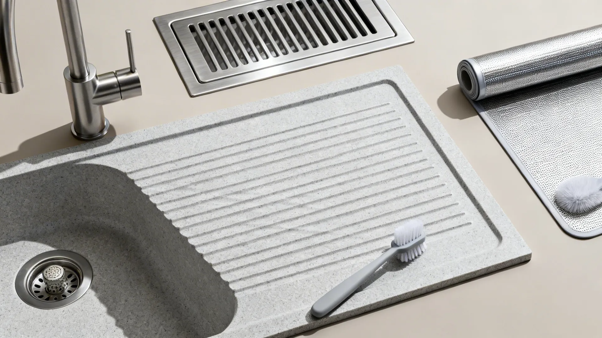 Flat lay of quartz with milled drainboard, rear-set drain grid, aerator, and roll-up mat.