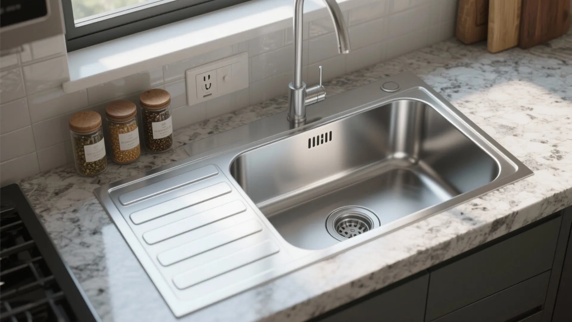 Modern stainless steel kitchen sink with drainboard installed on white marble countertop near glass window