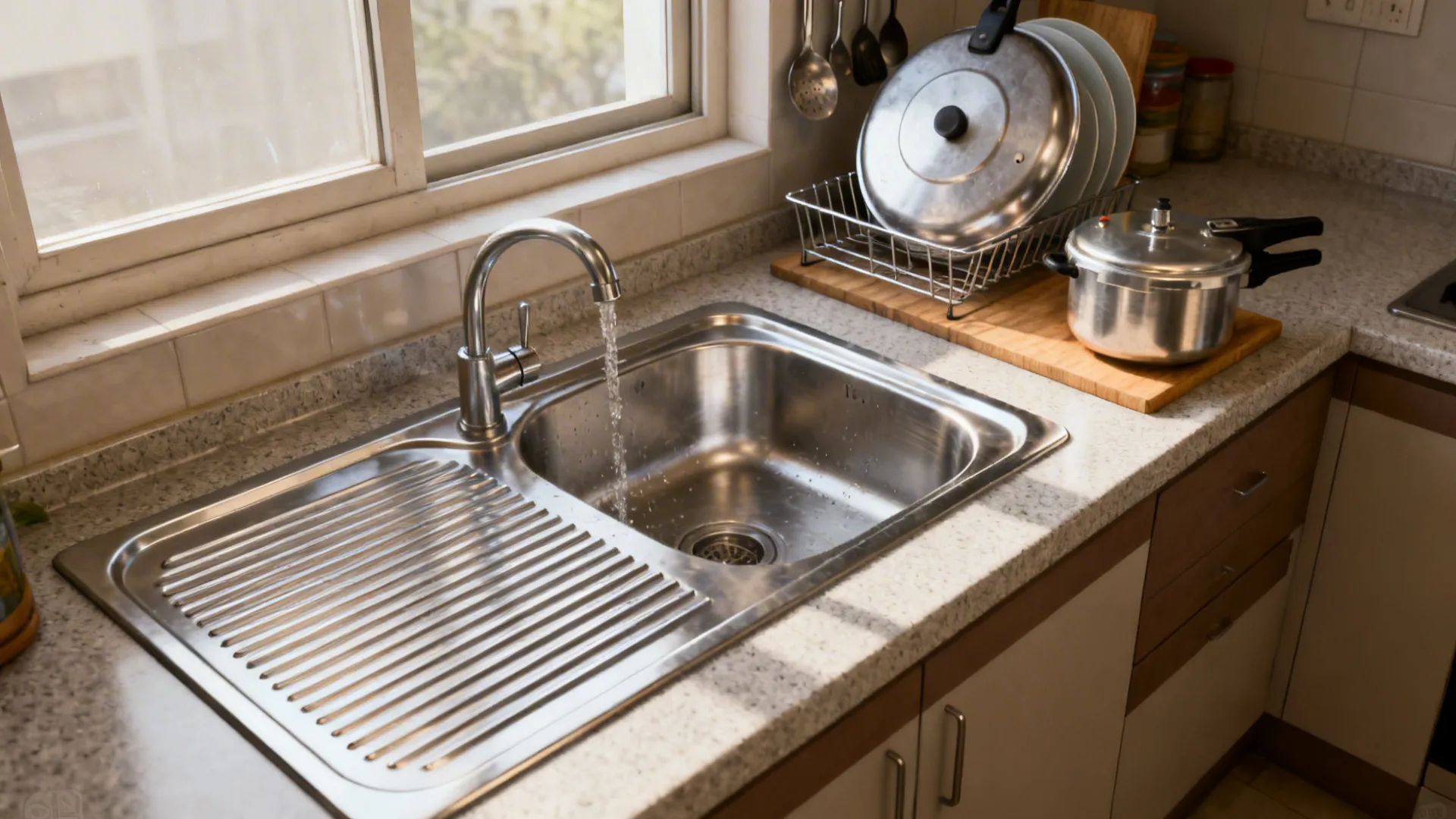Stainless sink with micro-ridge drainboard drying utensils beside a window in a compact kitchen.