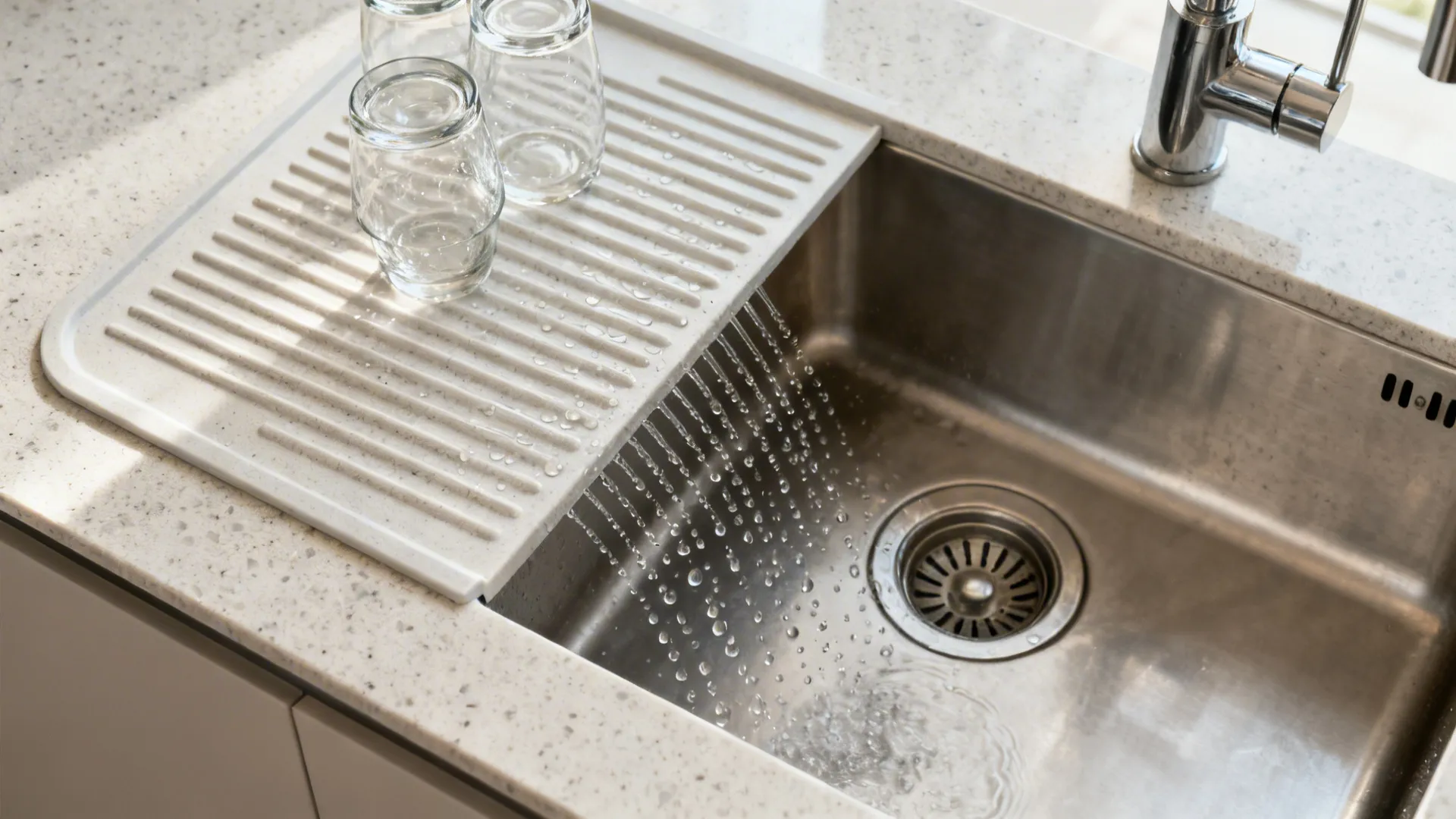 Top-down view of a sloped quartz drainboard guiding water into an undermount sink.