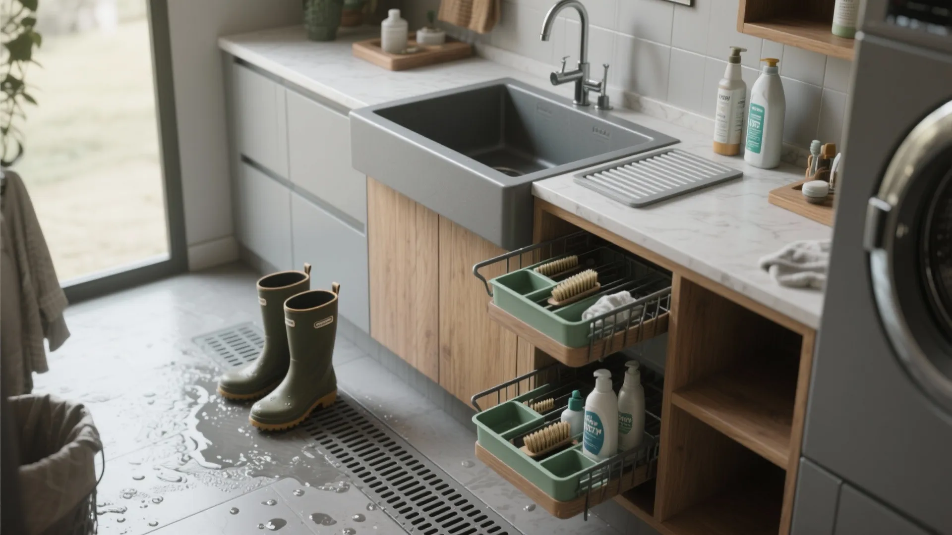 Multifunctional Sink with Built-In Drainboard and Storage
