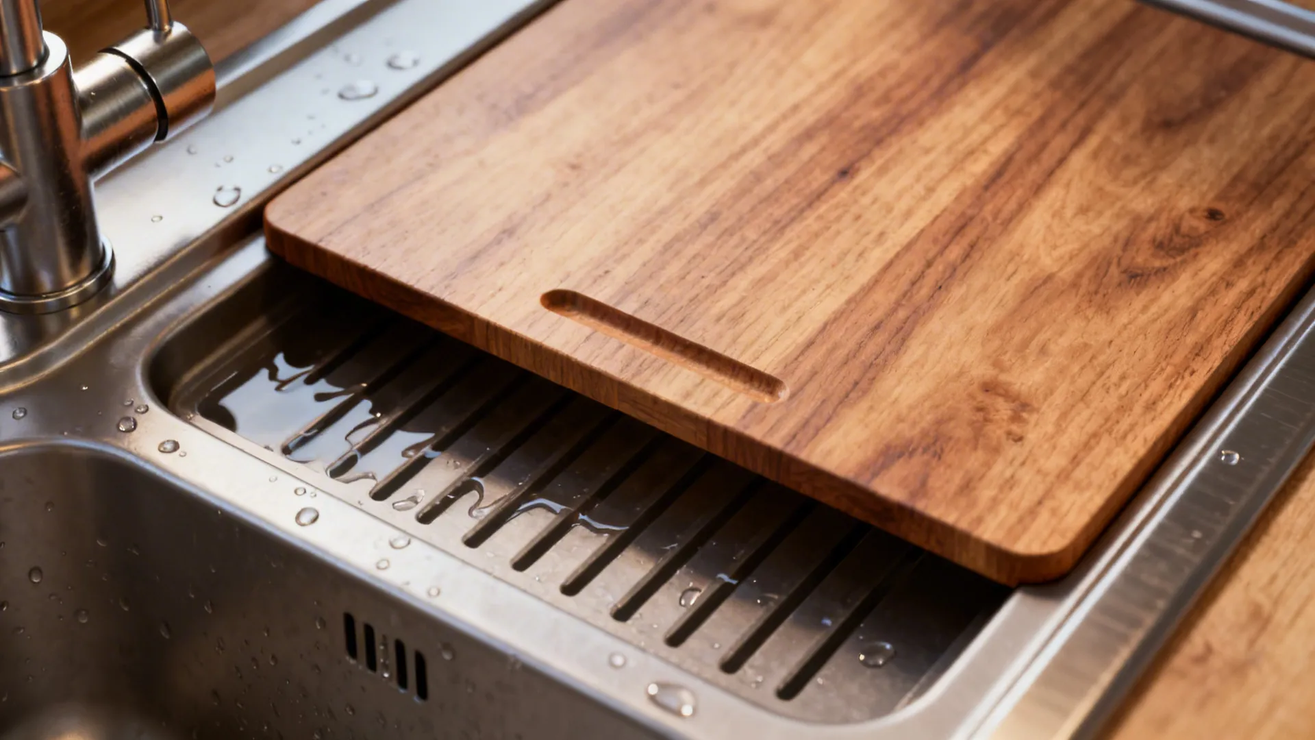 Close-up of a wooden sink cover and recessed draining board with metal faucet details