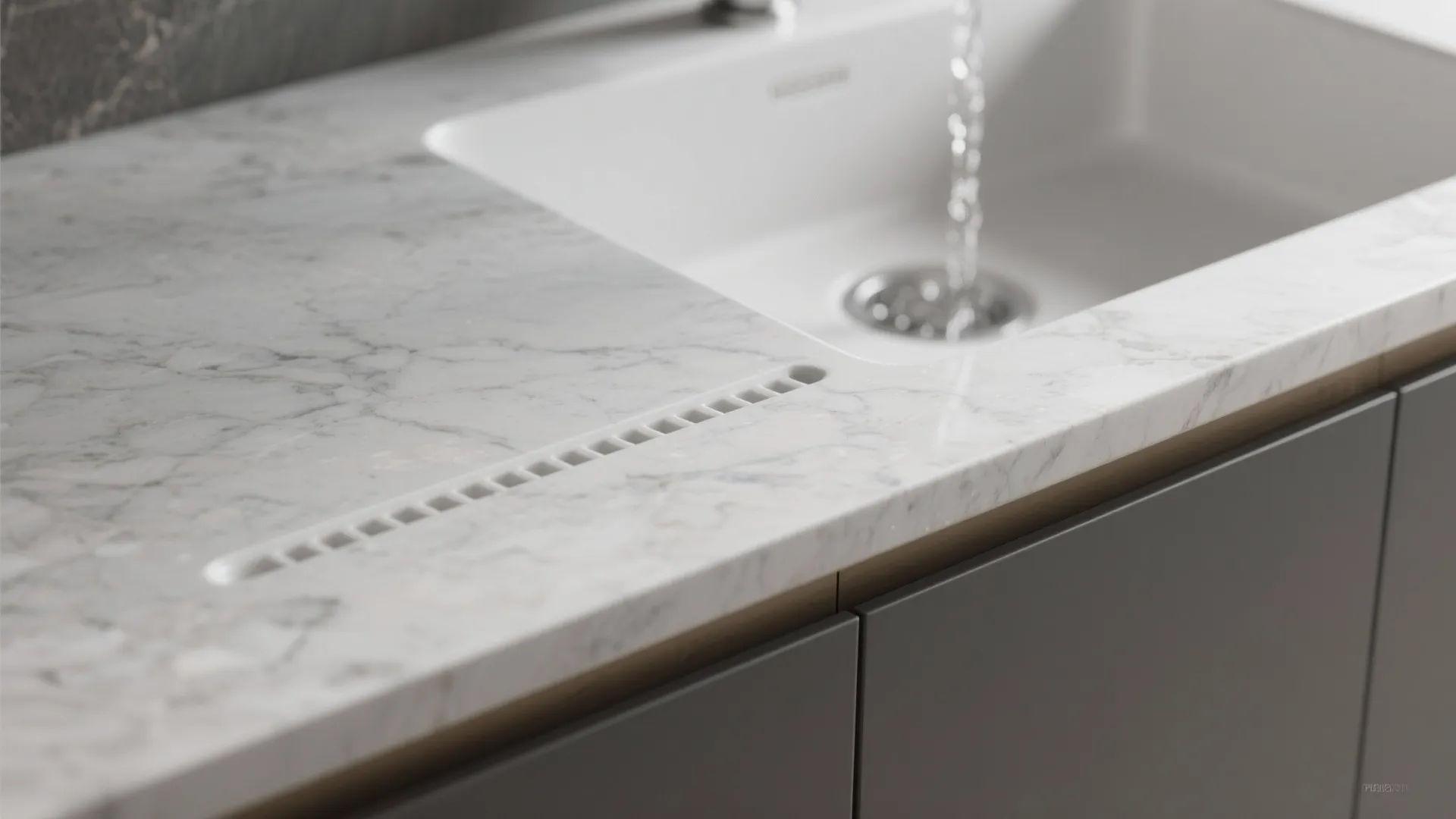 Detail of an integrated draining groove in a quartz countertop channeling water into a white undermount sink.