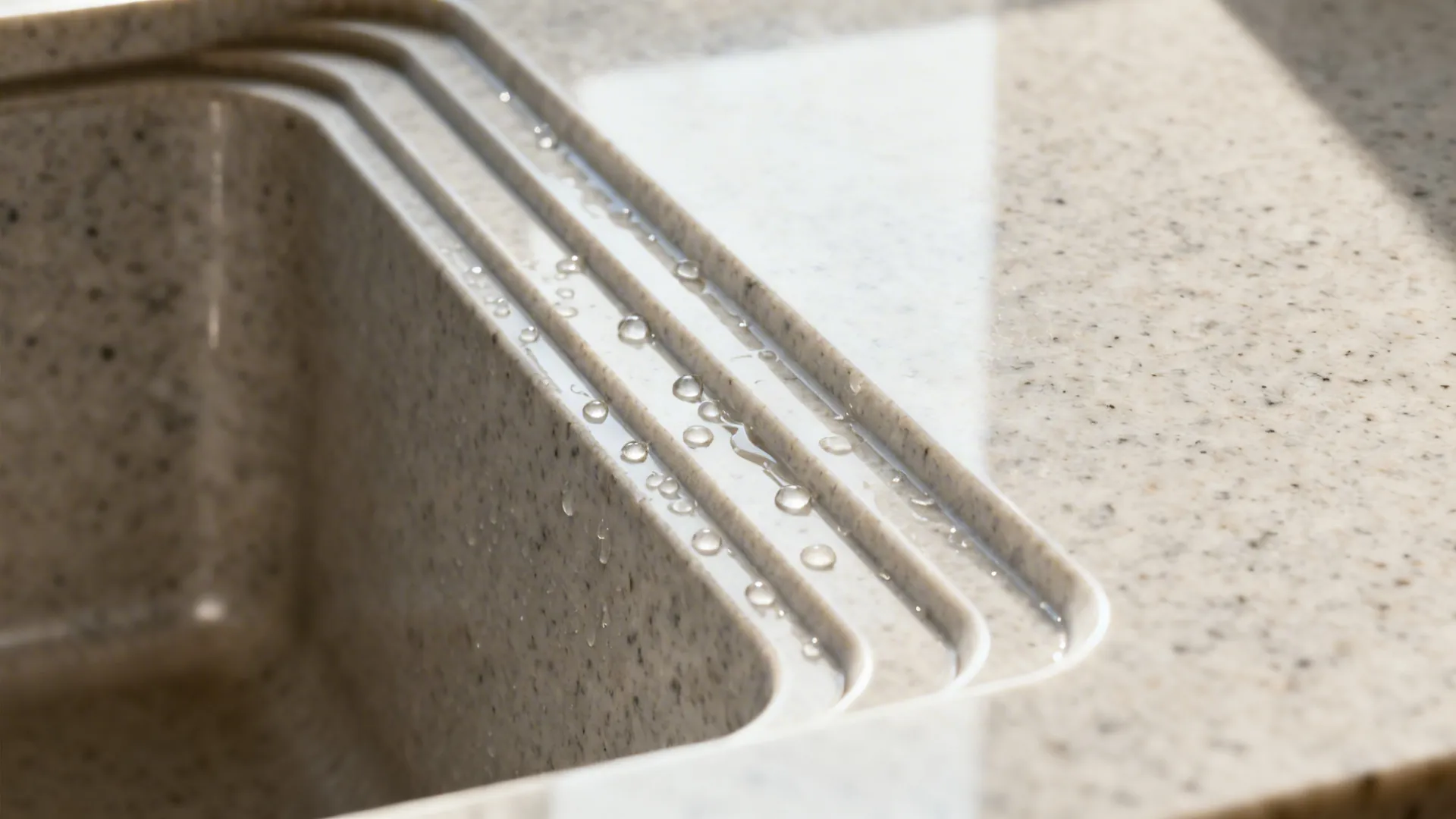 Macro of quartz draining grooves near an undermount sink with a gentle slope and rounded edges.