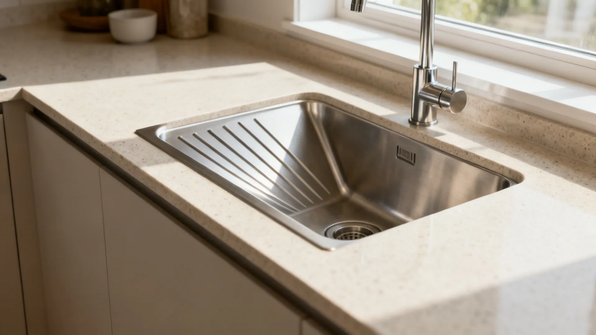 Wide view of a kitchen counter with a sloped draining recess and grooves beside a stainless undermount sink.