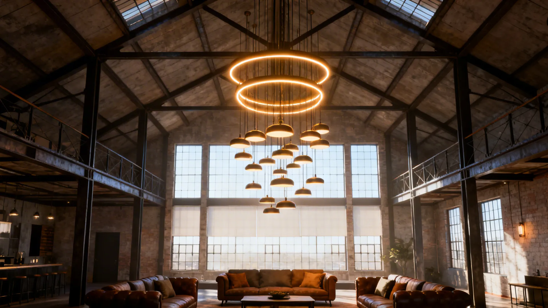 Industrial living room with high ceiling big windows leather sofas and a large light fixture