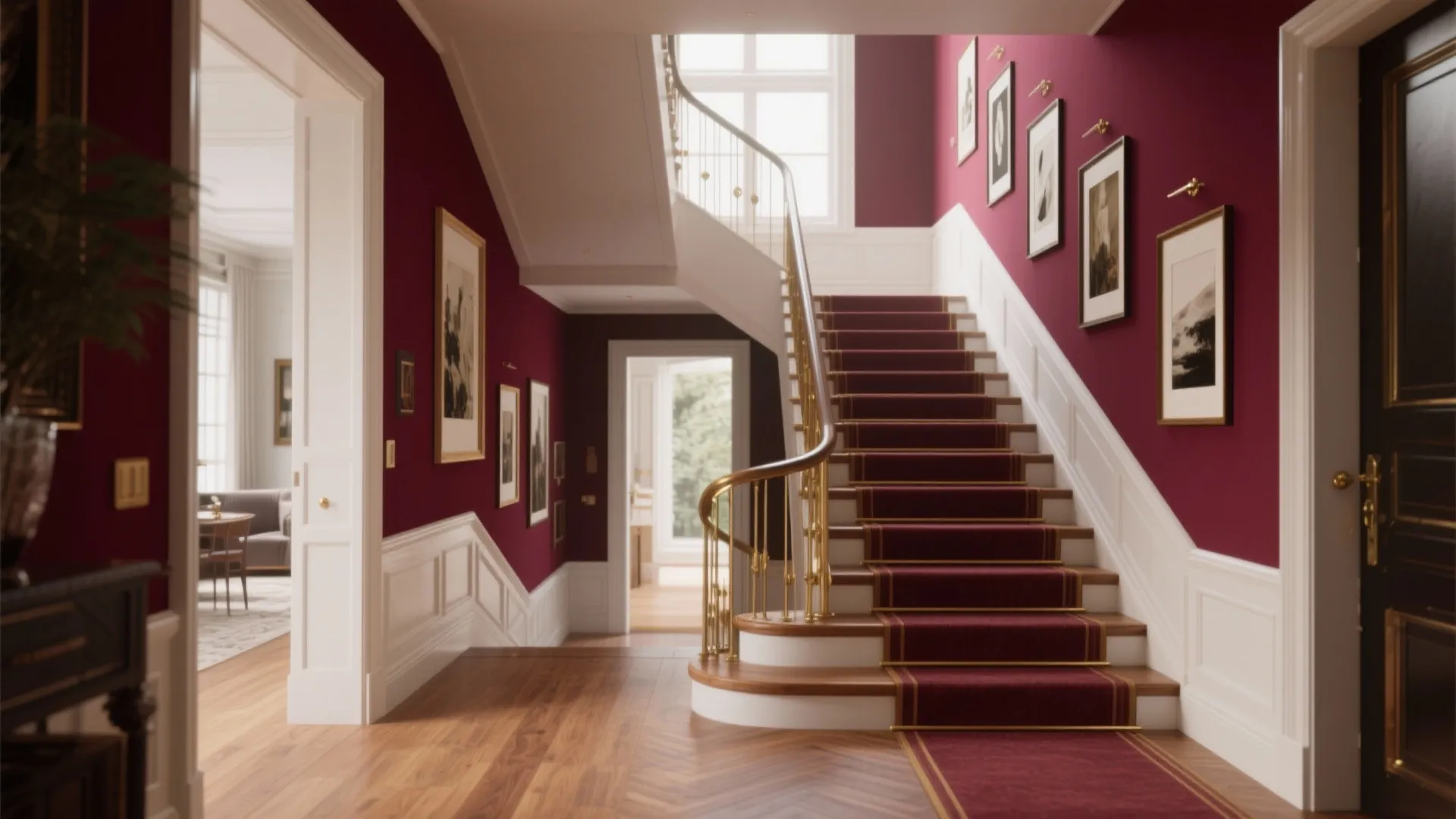 Classic hallway with red walls, white wall panels, wooden stairs, red carpet, and gold railing