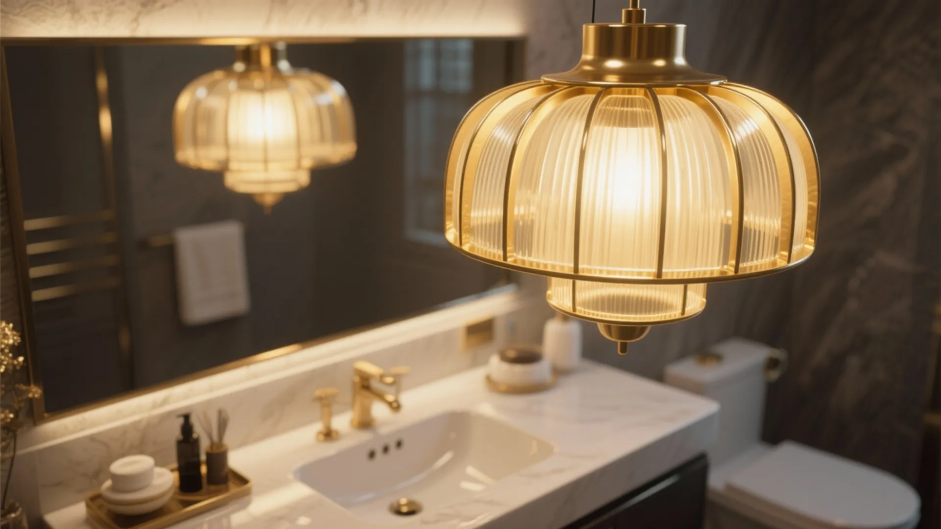 Gold ceiling light hanging over a marble bathroom sink with mirror reflection and warm atmosphere