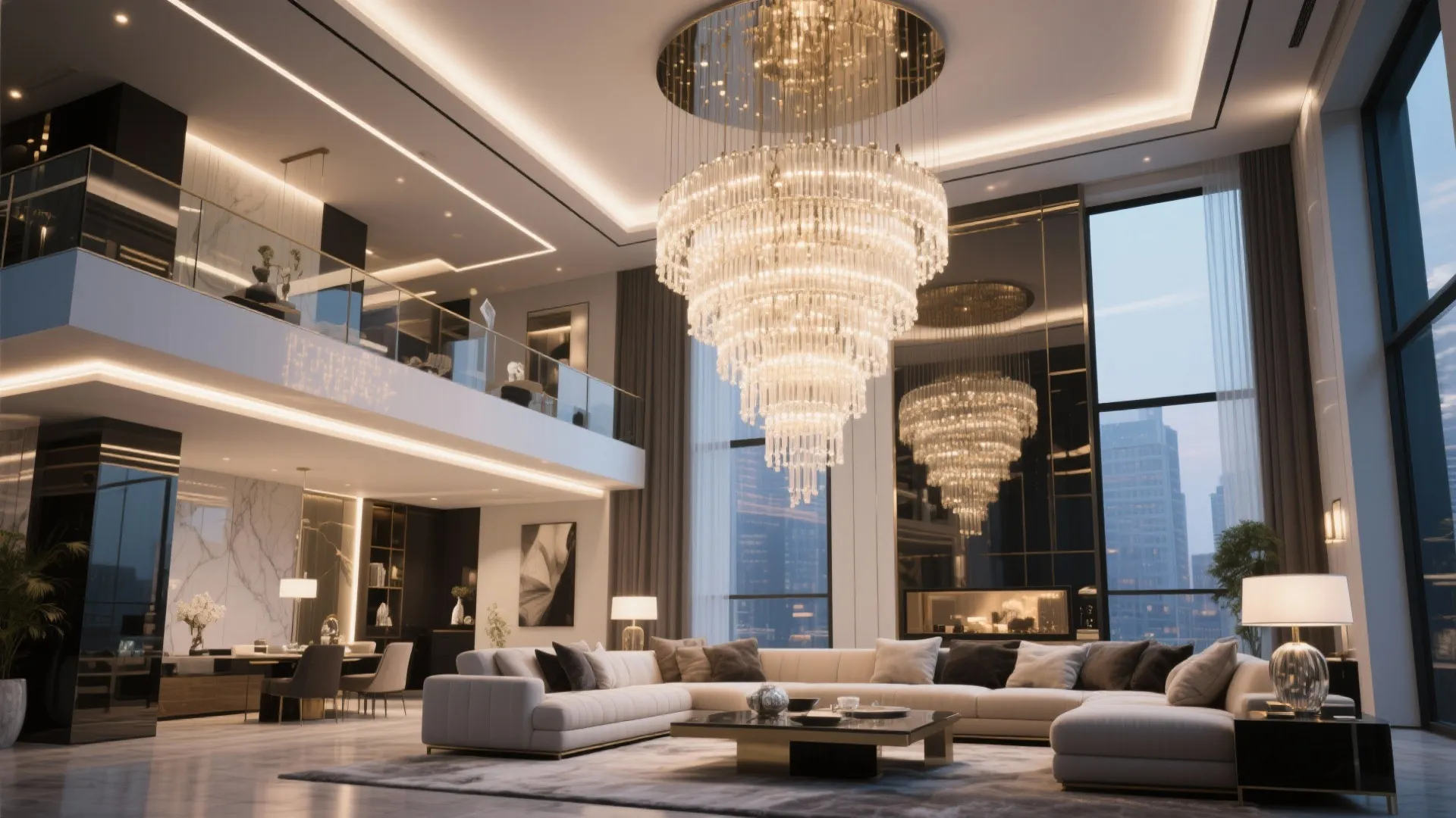 Luxury high ceiling living room with a large crystal ceiling light white sofa and city view