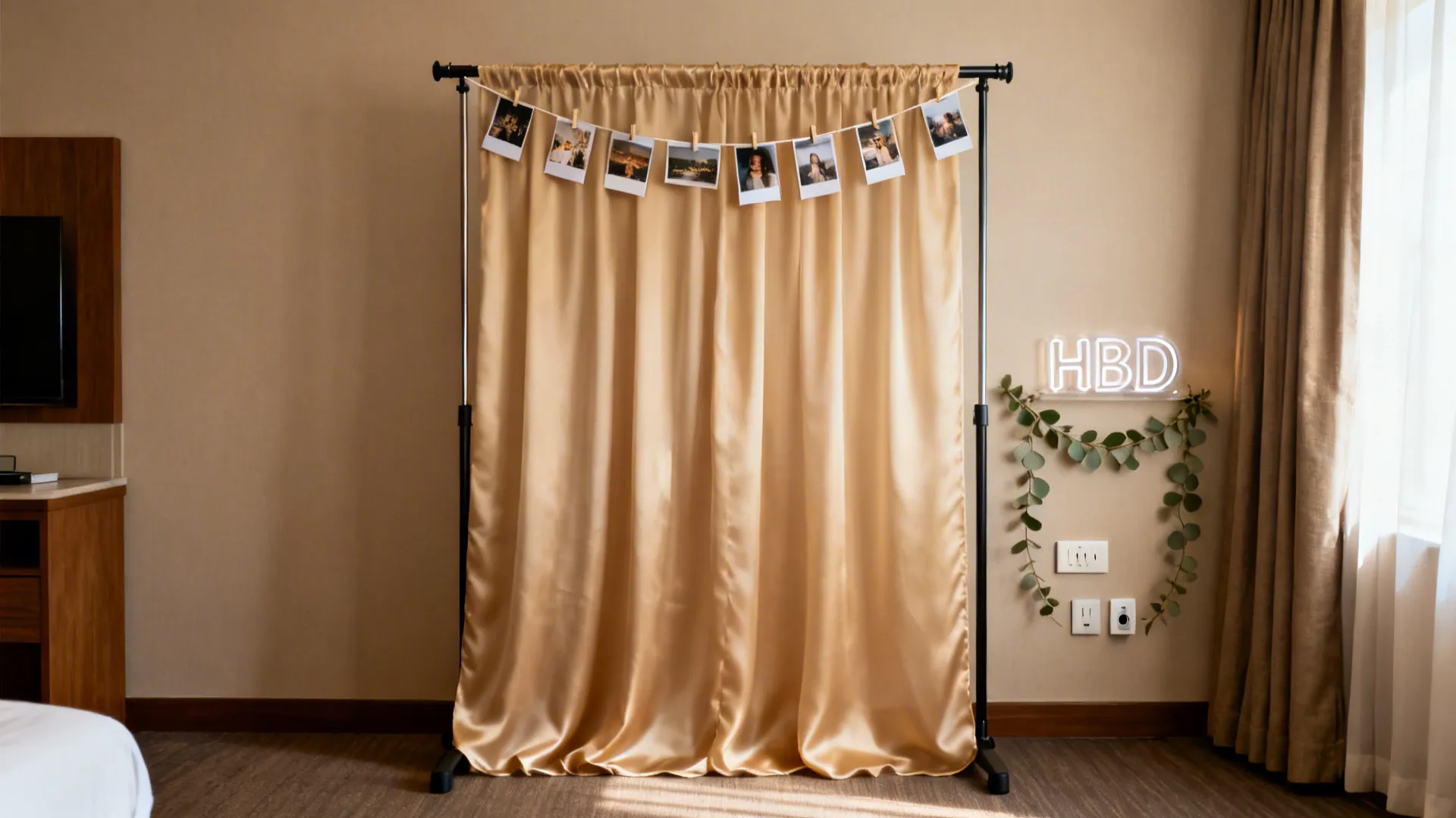 Champagne muslin drape on a tension rod with polaroids and a minimal acrylic birthday sign.