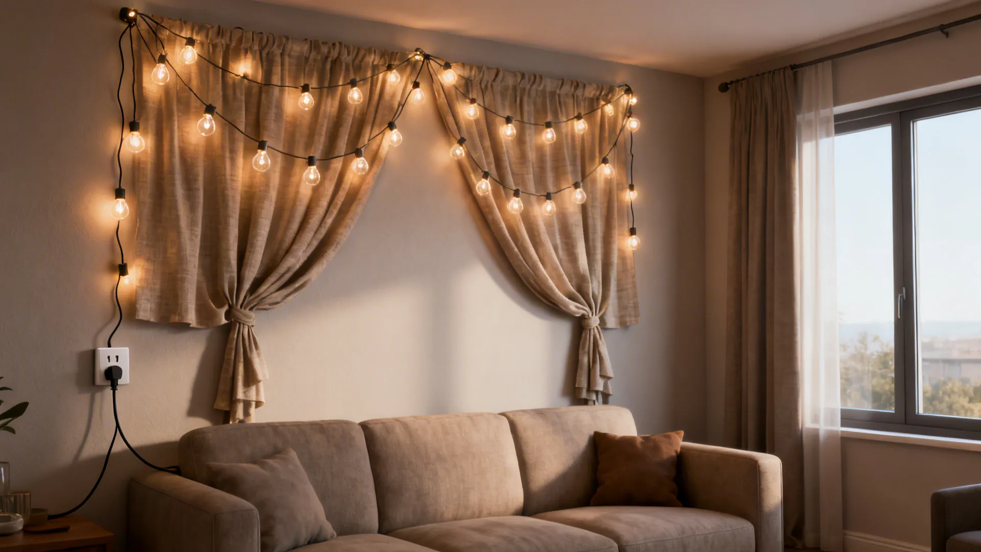 Sofa wall adorned with draped curtain-style string lights for a renter-friendly ambient glow