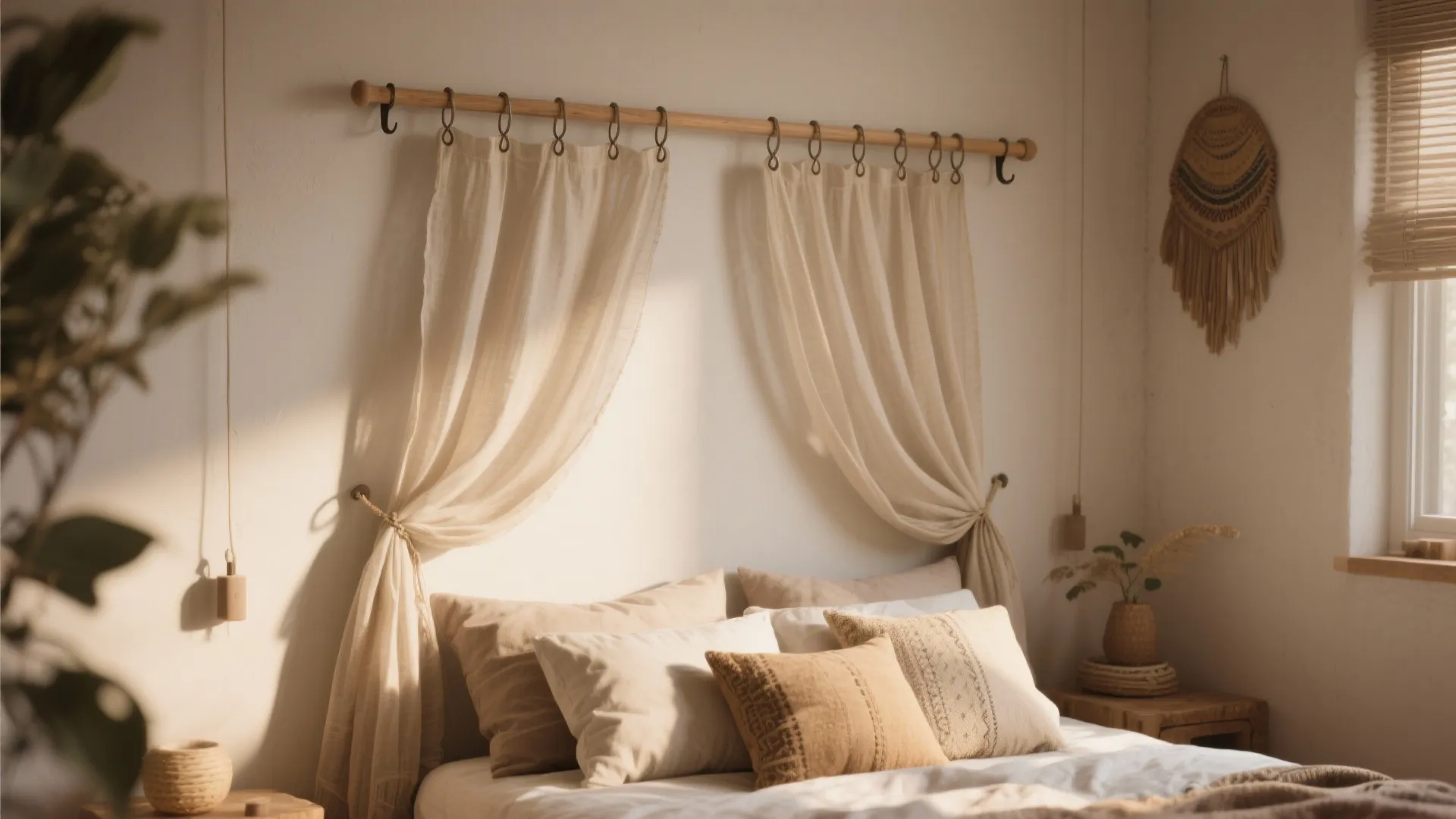 4. Draped fabric attached to wall hooks