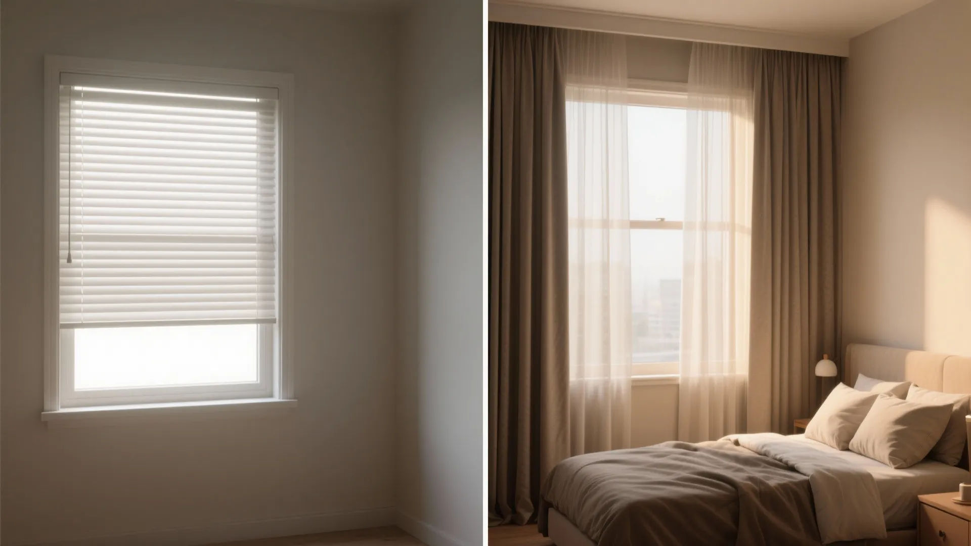 Before-and-after comparison showing a window with simple white blinds versus elegant layered fabric curtains installed