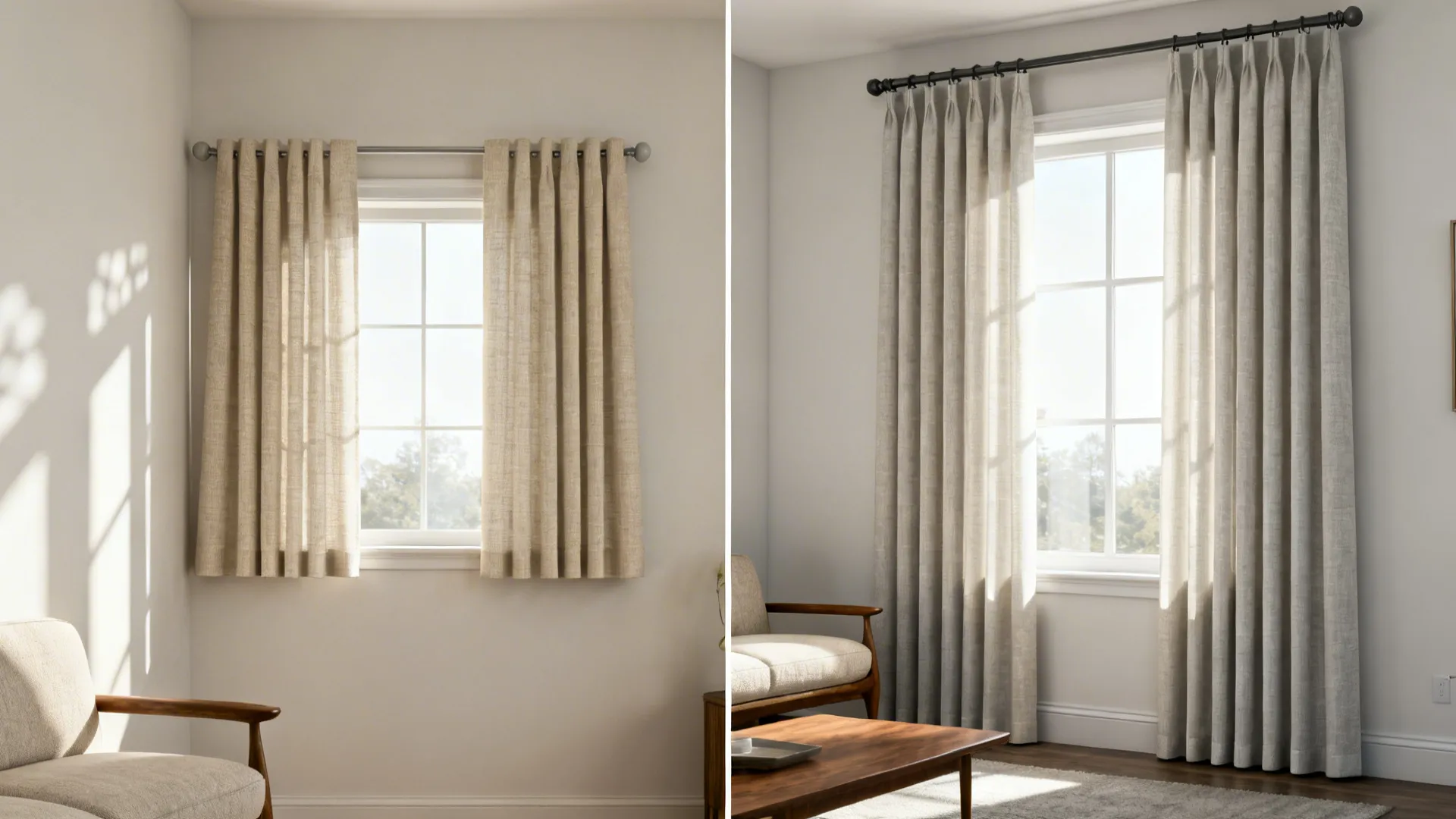 Before-and-after showing short curtains versus ceiling-height drapery in a small room.