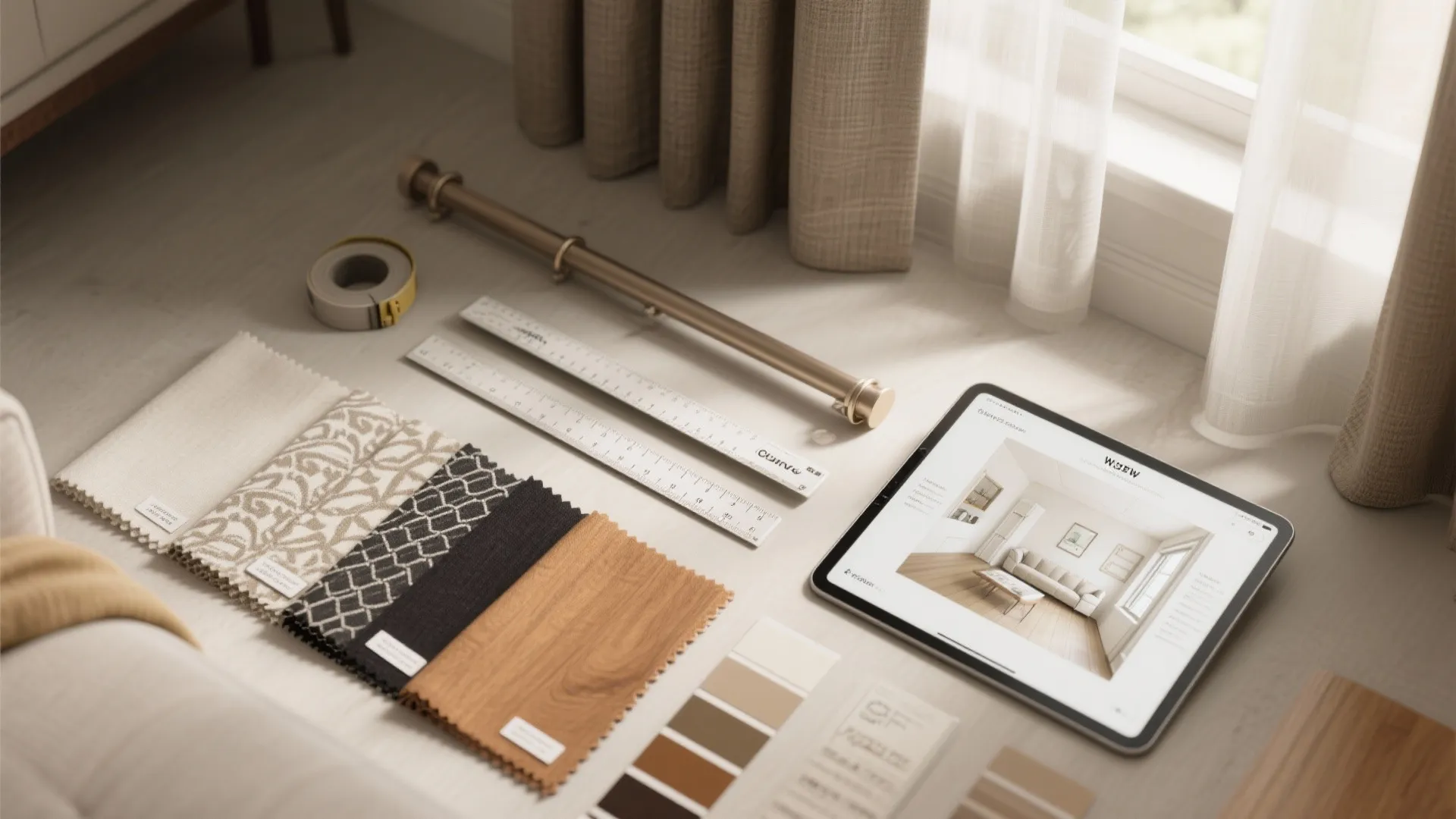 Drapery design tools including fabric samples, curtain rod, rulers, and tablet showing interior room design