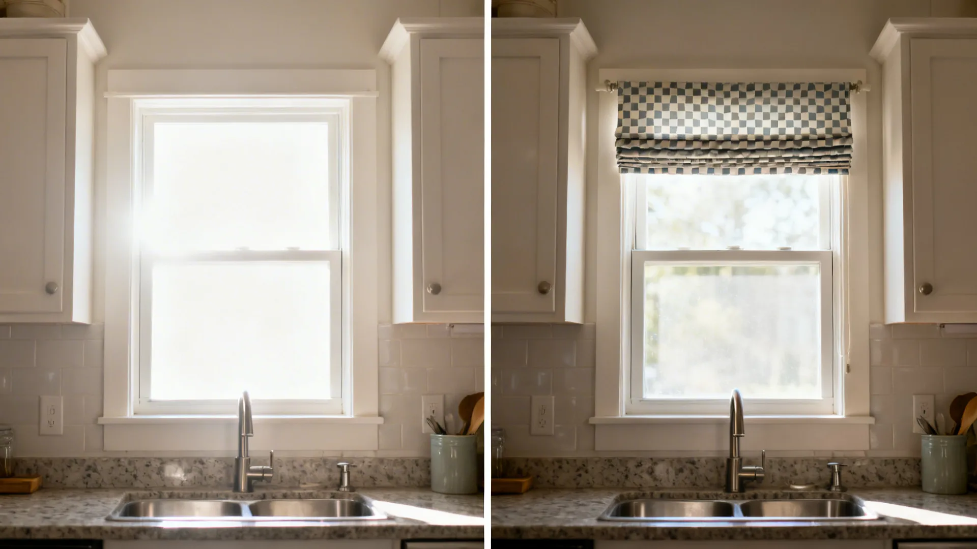 Before-bare window and after with patterned drapes showing softer, controlled light.