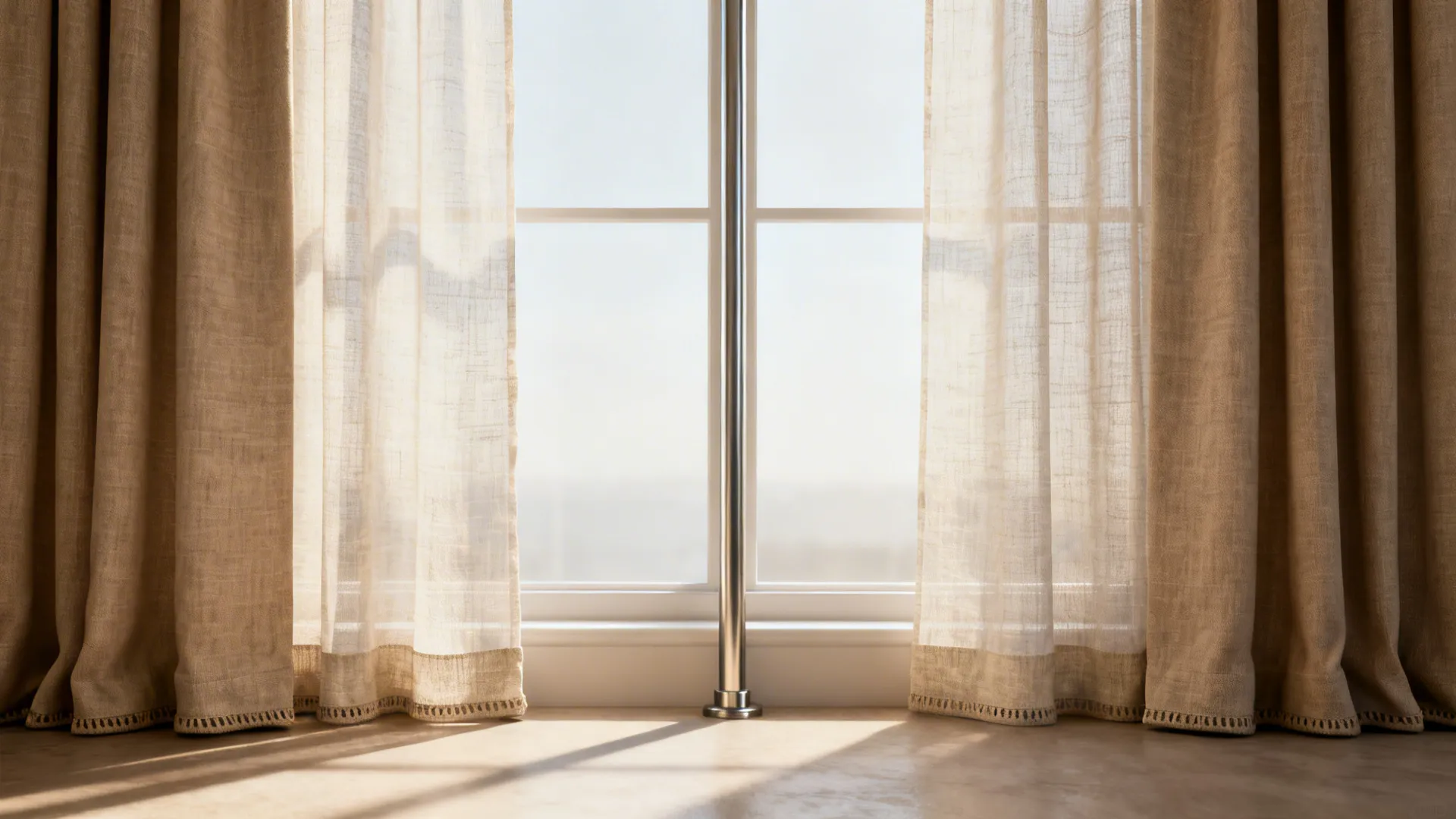 Close-up of double-layer linen drapes (sheer and blackout) on a slim metal rod framing a tall window.
