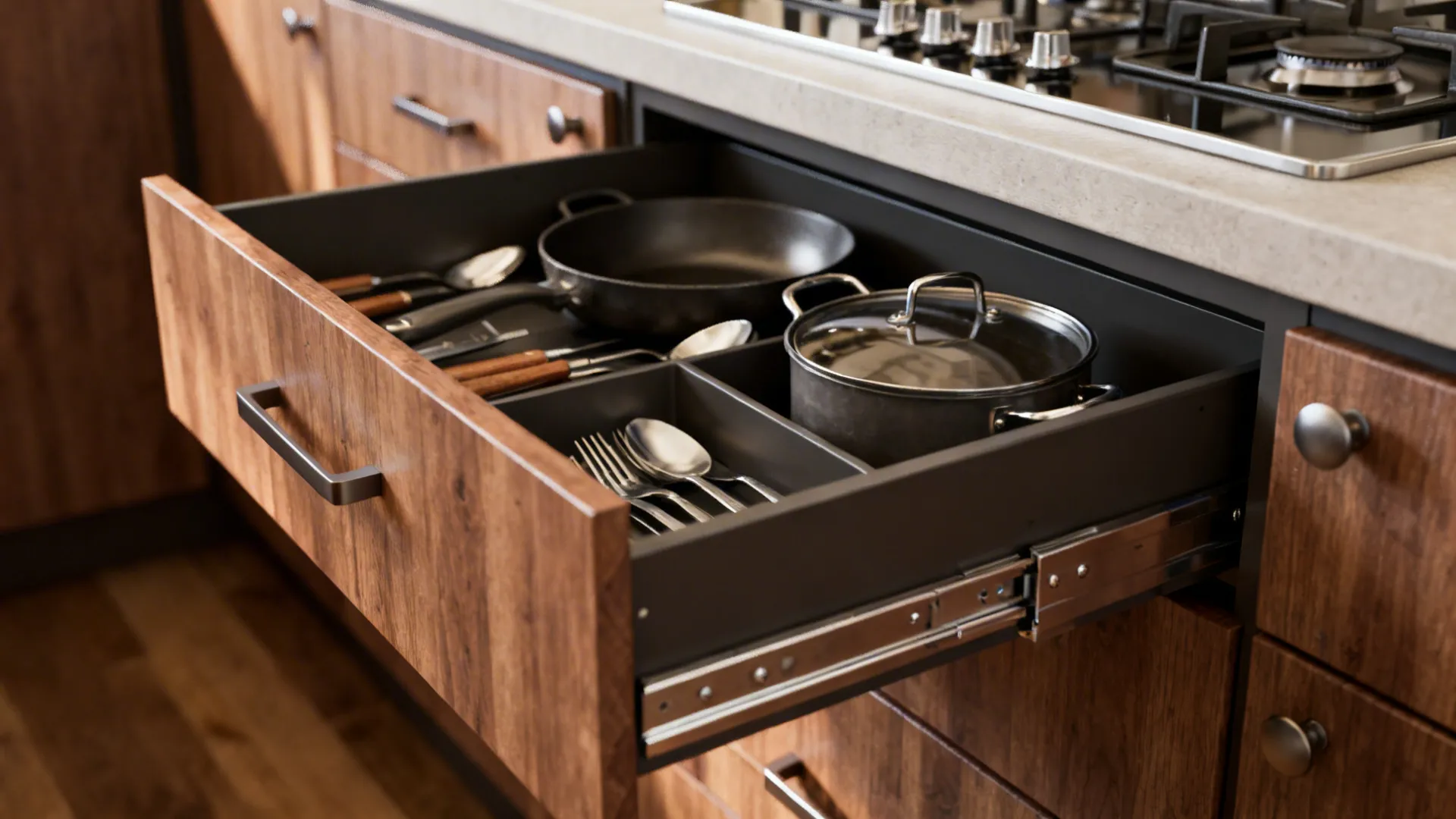 Deep kitchen base drawers open showing organized cookware and quality soft-close hardware