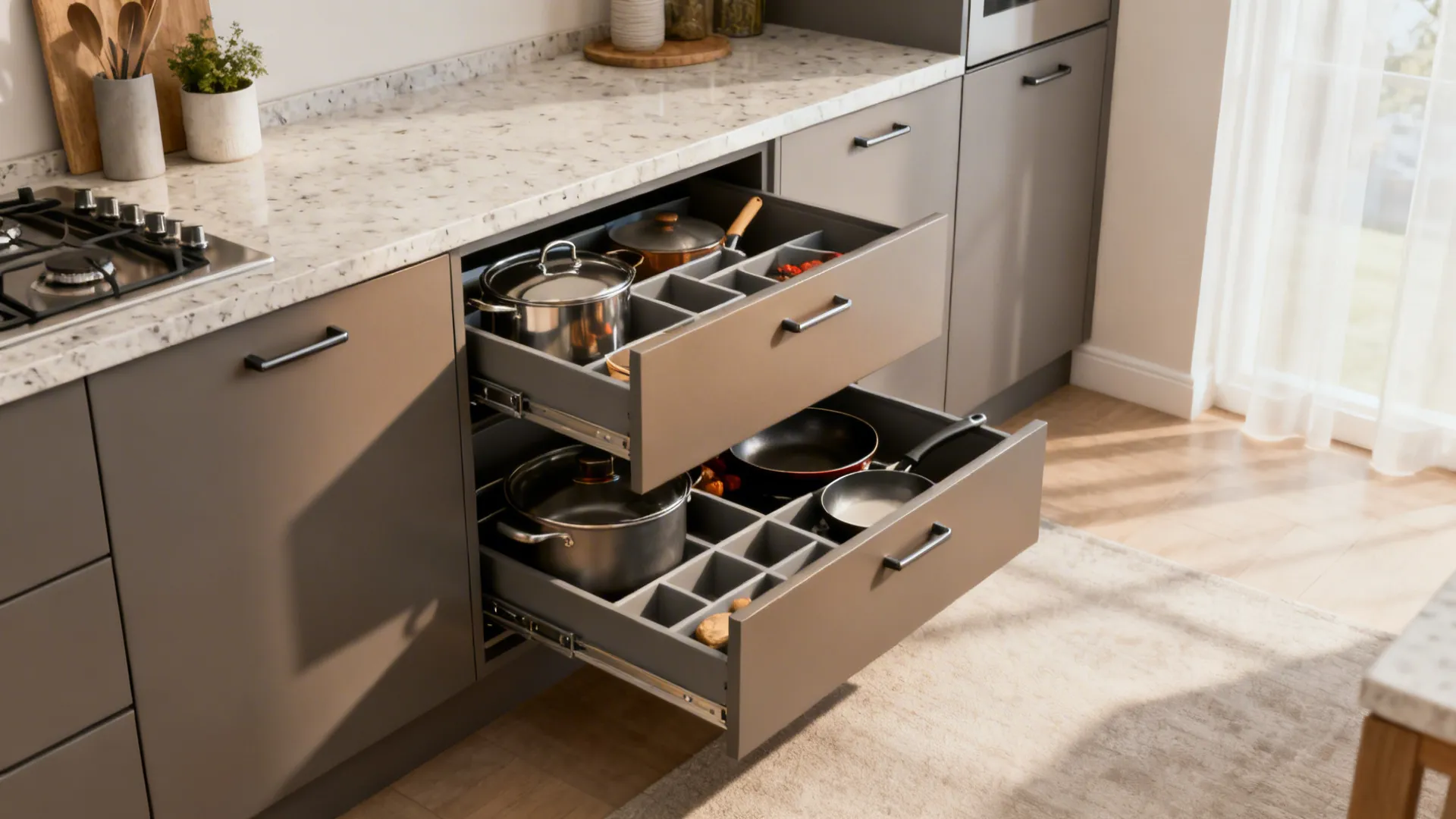 Base cabinets with deep full-extension drawers neatly organizing cookware.