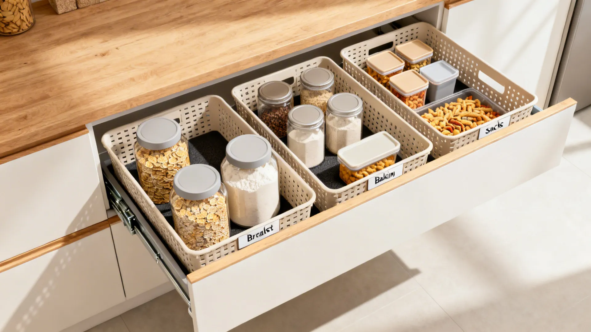 Large kitchen drawer containing three labeled plastic baskets filled with glass jars and food containers