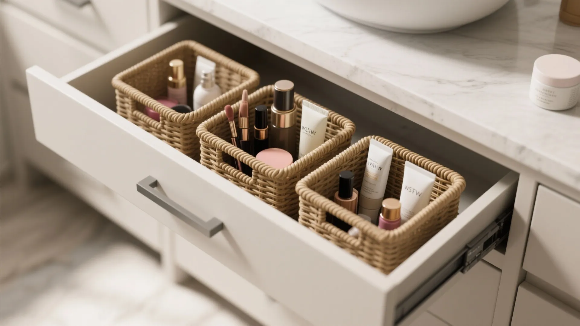 Open bathroom drawer under marble countertop with three woven baskets used to organize various makeup
