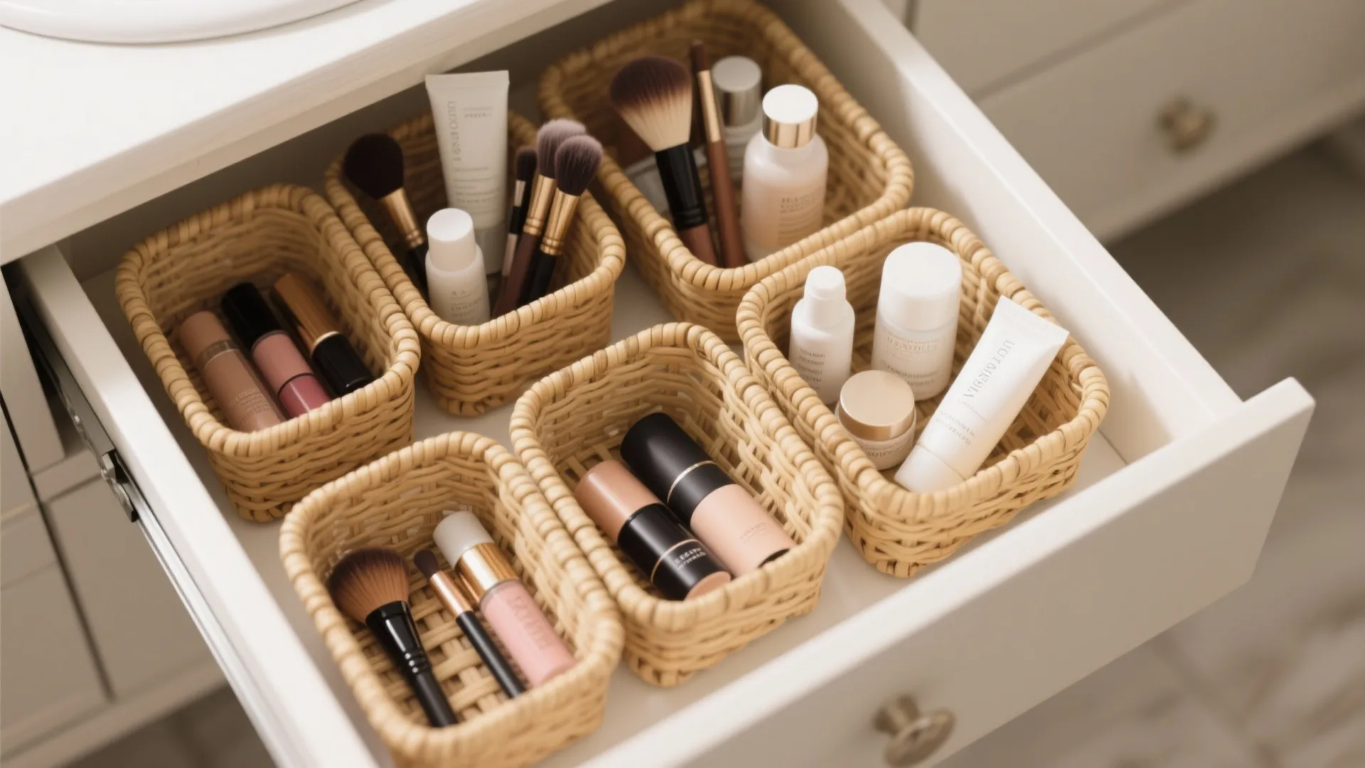 White vanity drawer organized with several small woven baskets containing makeup brushes and daily skin products