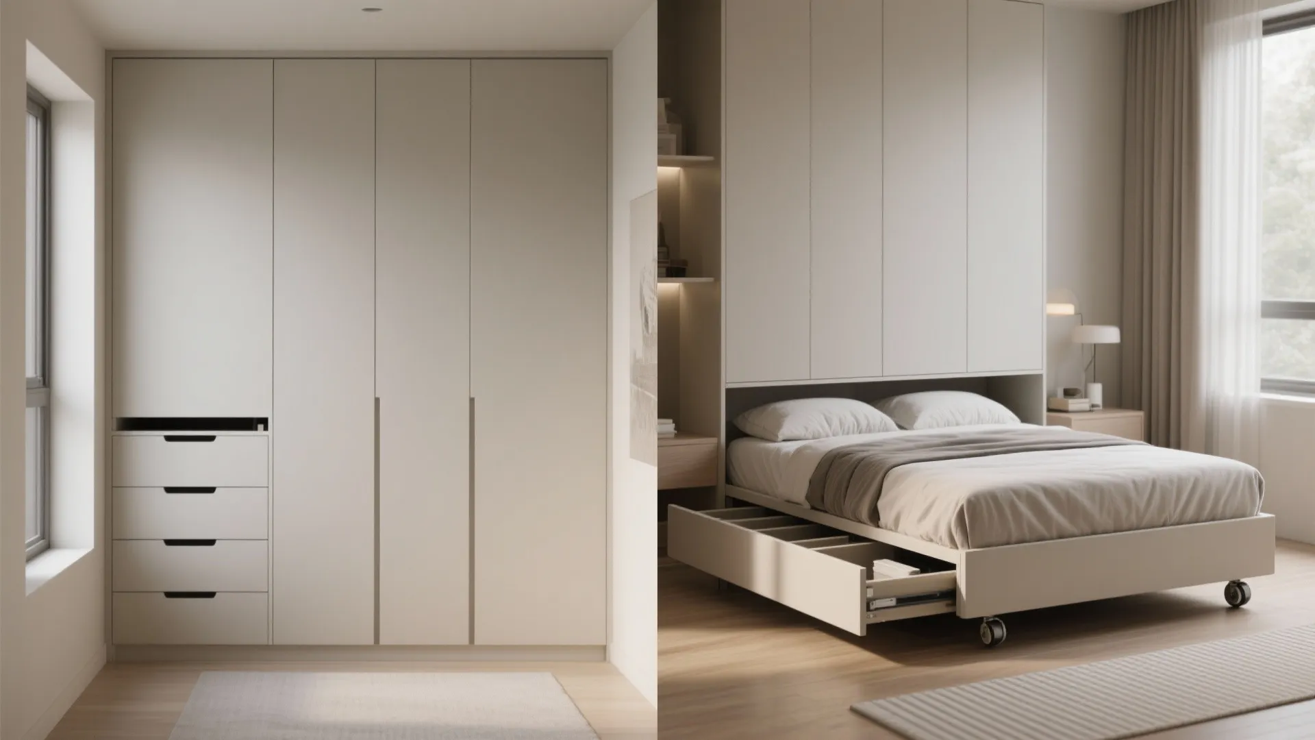 Comparison of a tall white cabinet with drawers and a bed with pull out drawers