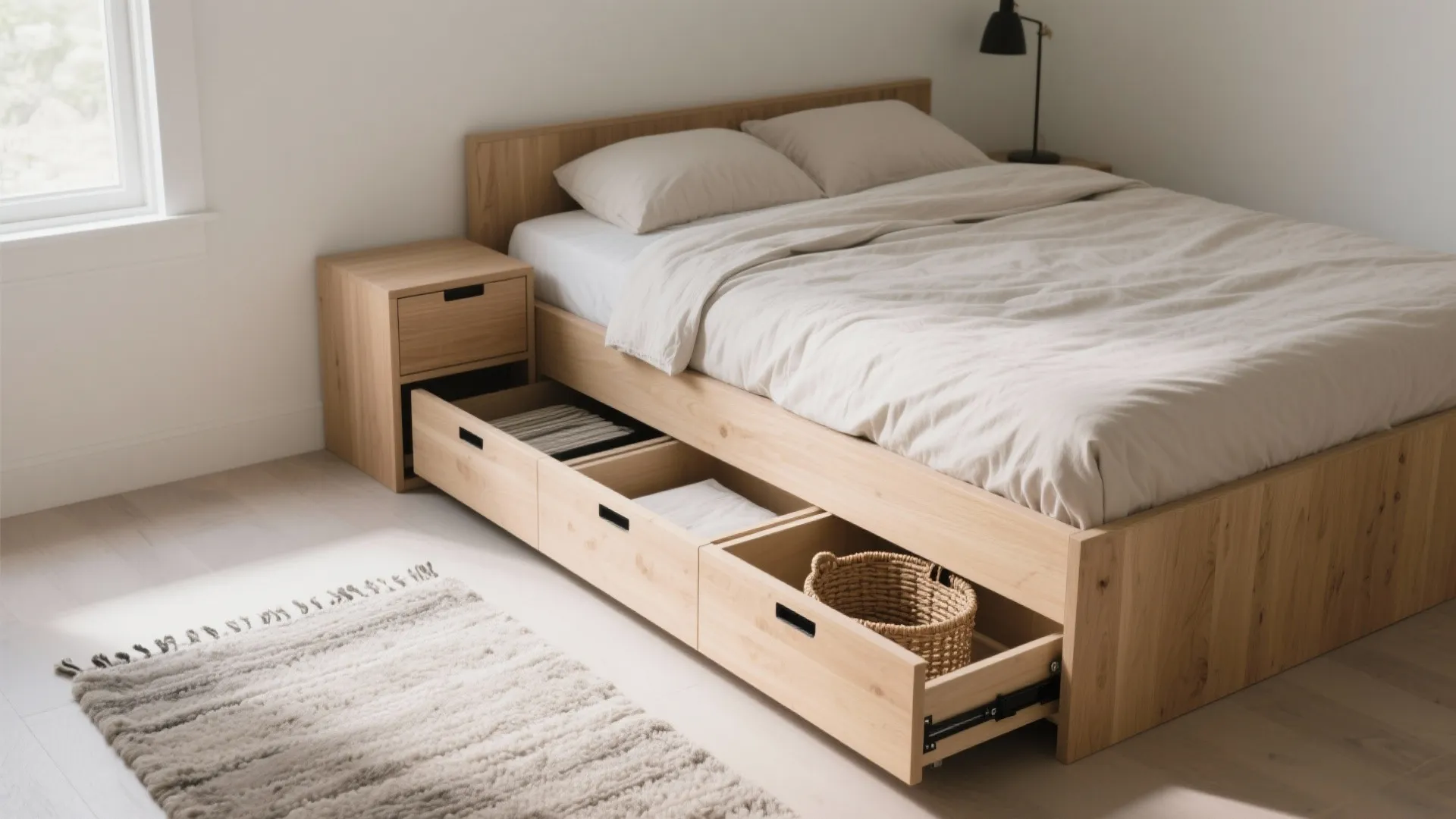 Wooden bed frame with open storage drawers containing clothes and basket in a bright bedroom