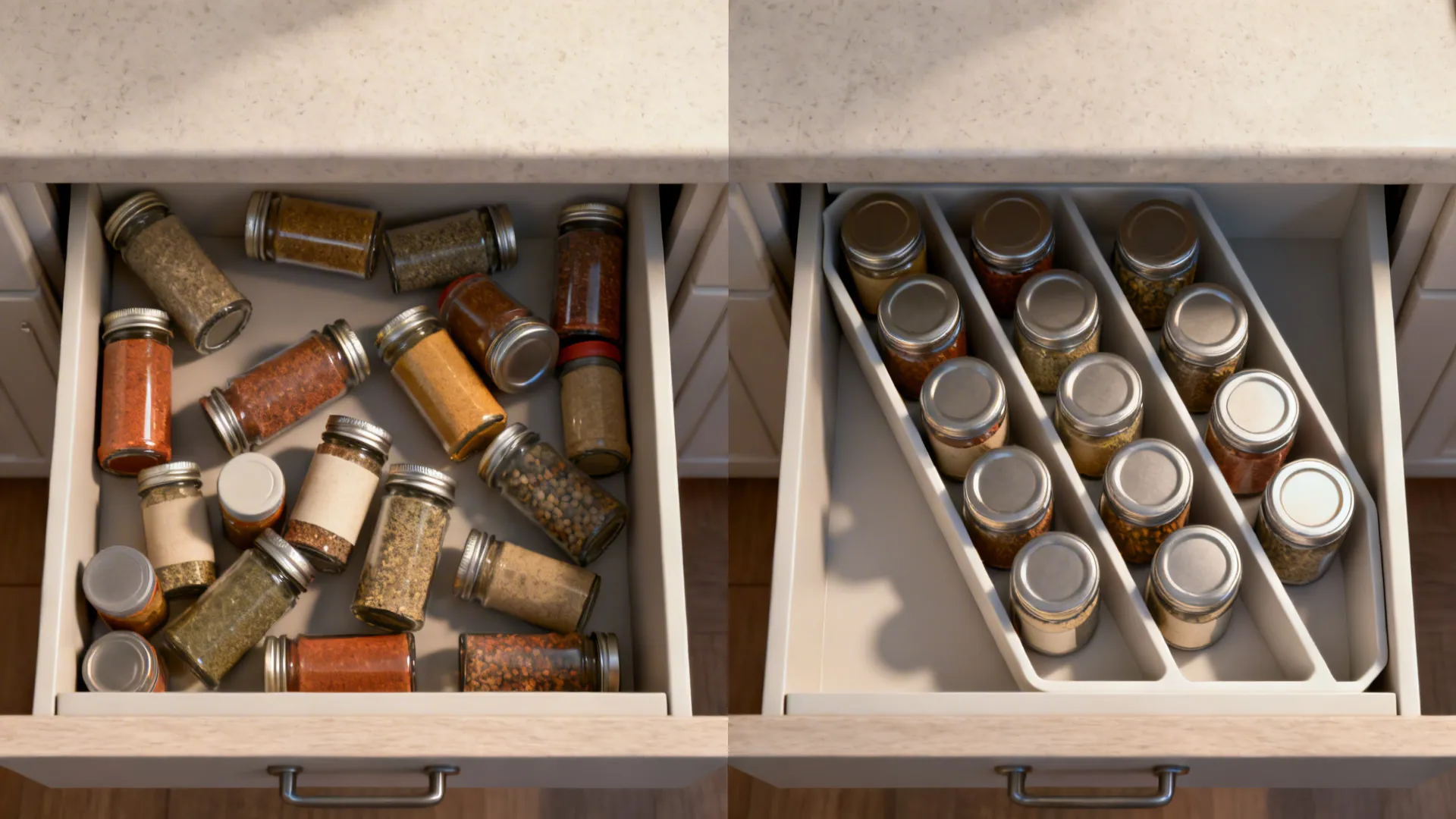 Before-and-after of a spice drawer from cluttered to organized angled tiers.