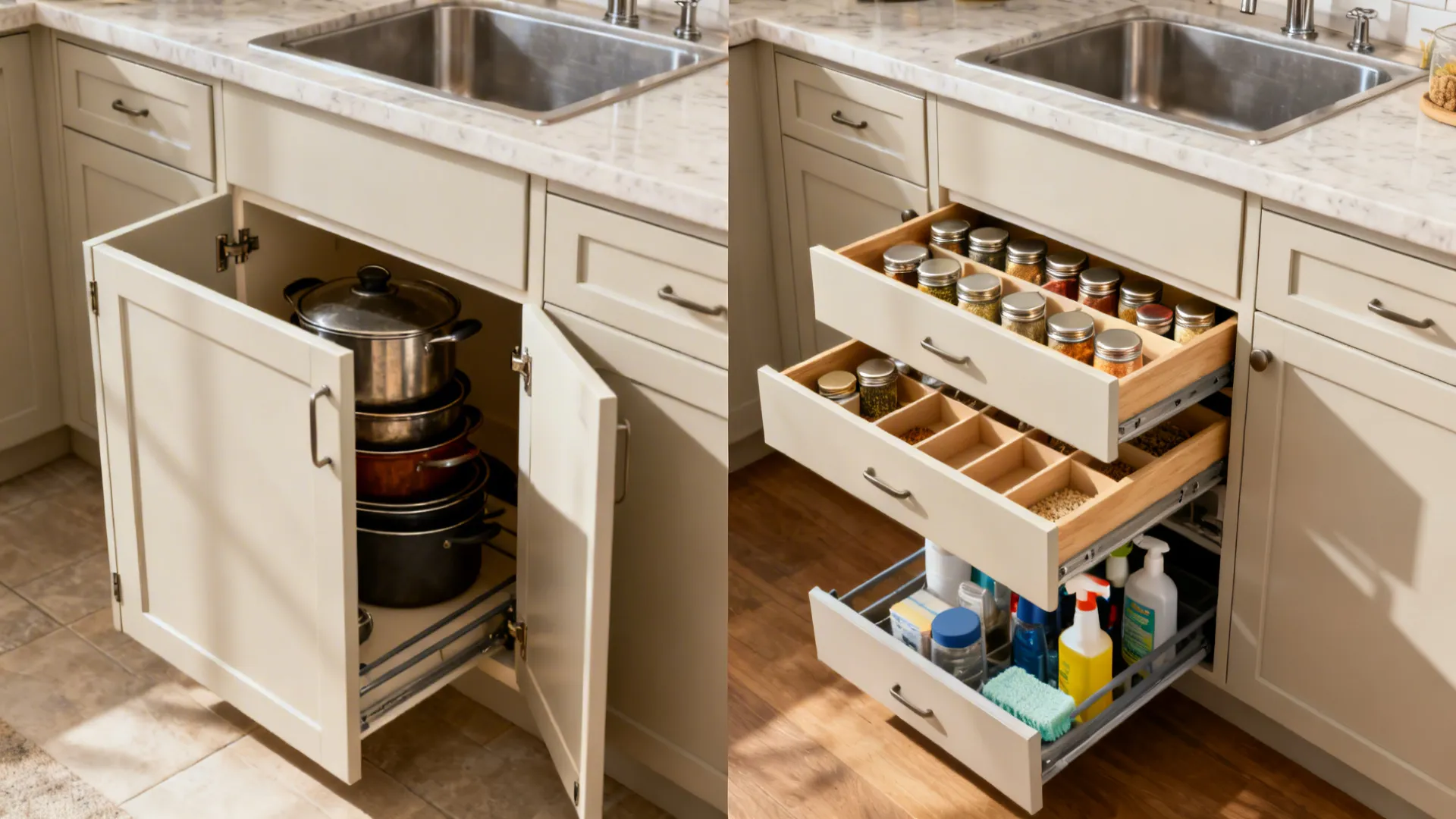 Before-and-after showing base doors replaced by deep organized drawers and under-sink pull-outs.