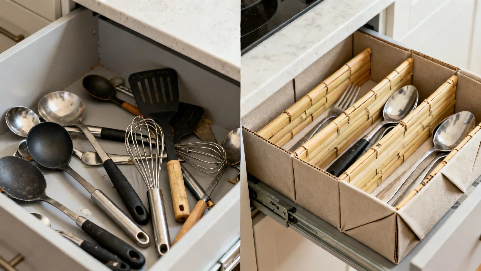 Before-and-after of a kitchen drawer transforming from cluttered to organized with repurposed dividers.